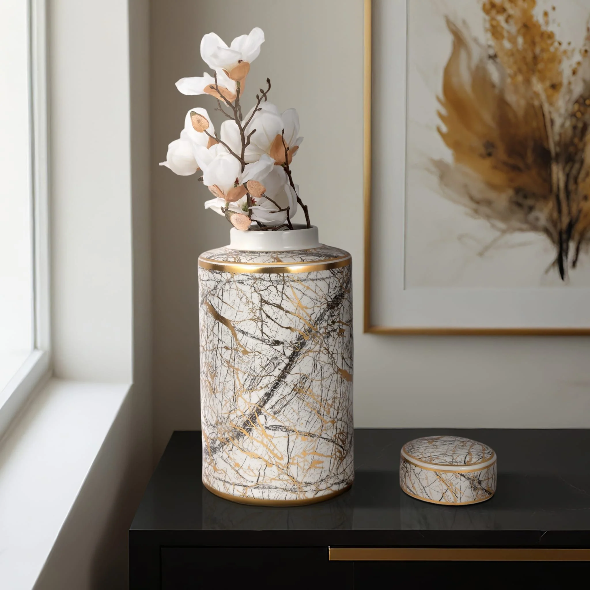 Ceramic 16" Jar With Gold Lid, White - Image 10
