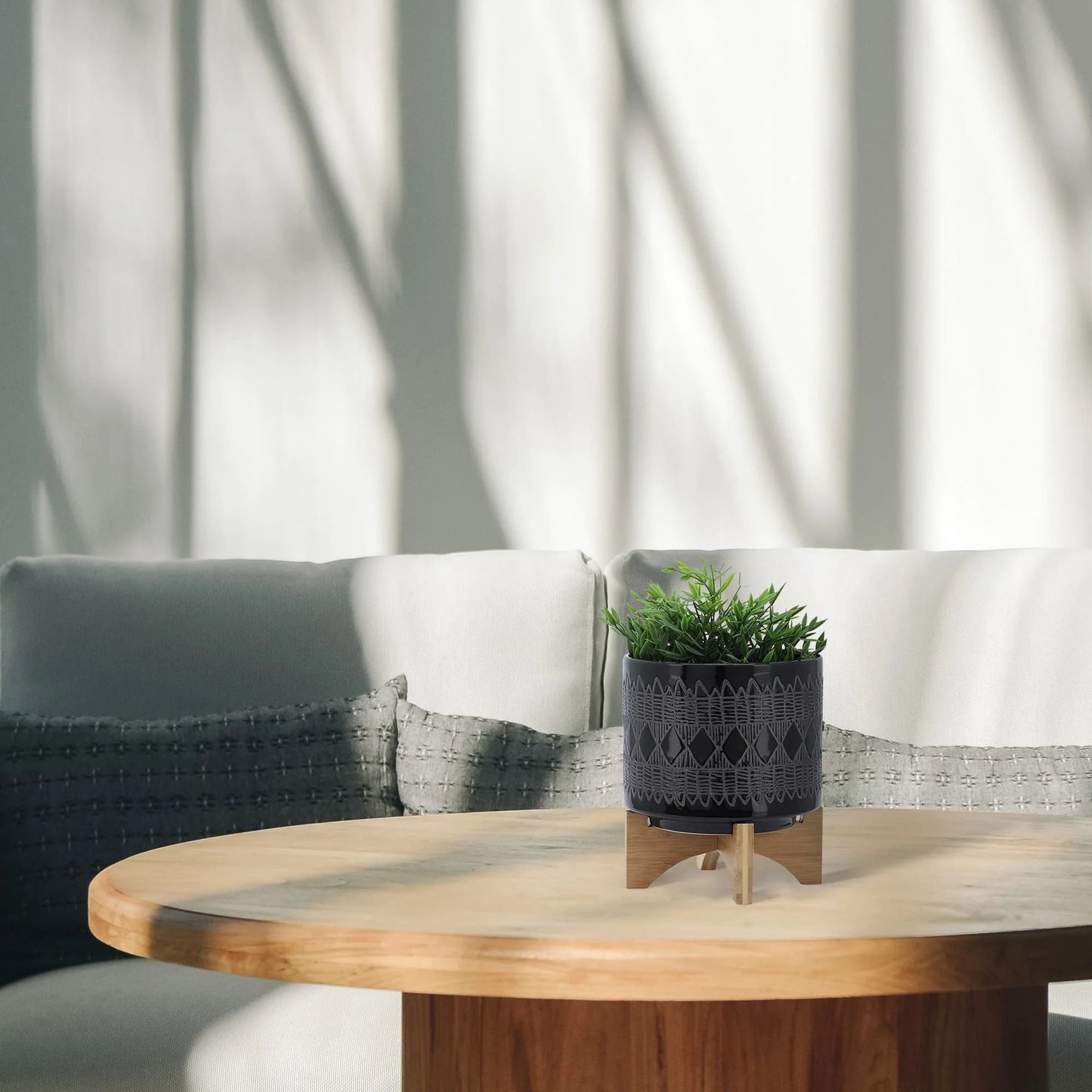 Ceramic 8" Aztec Planter On Wooden Stand, Black - Image 11