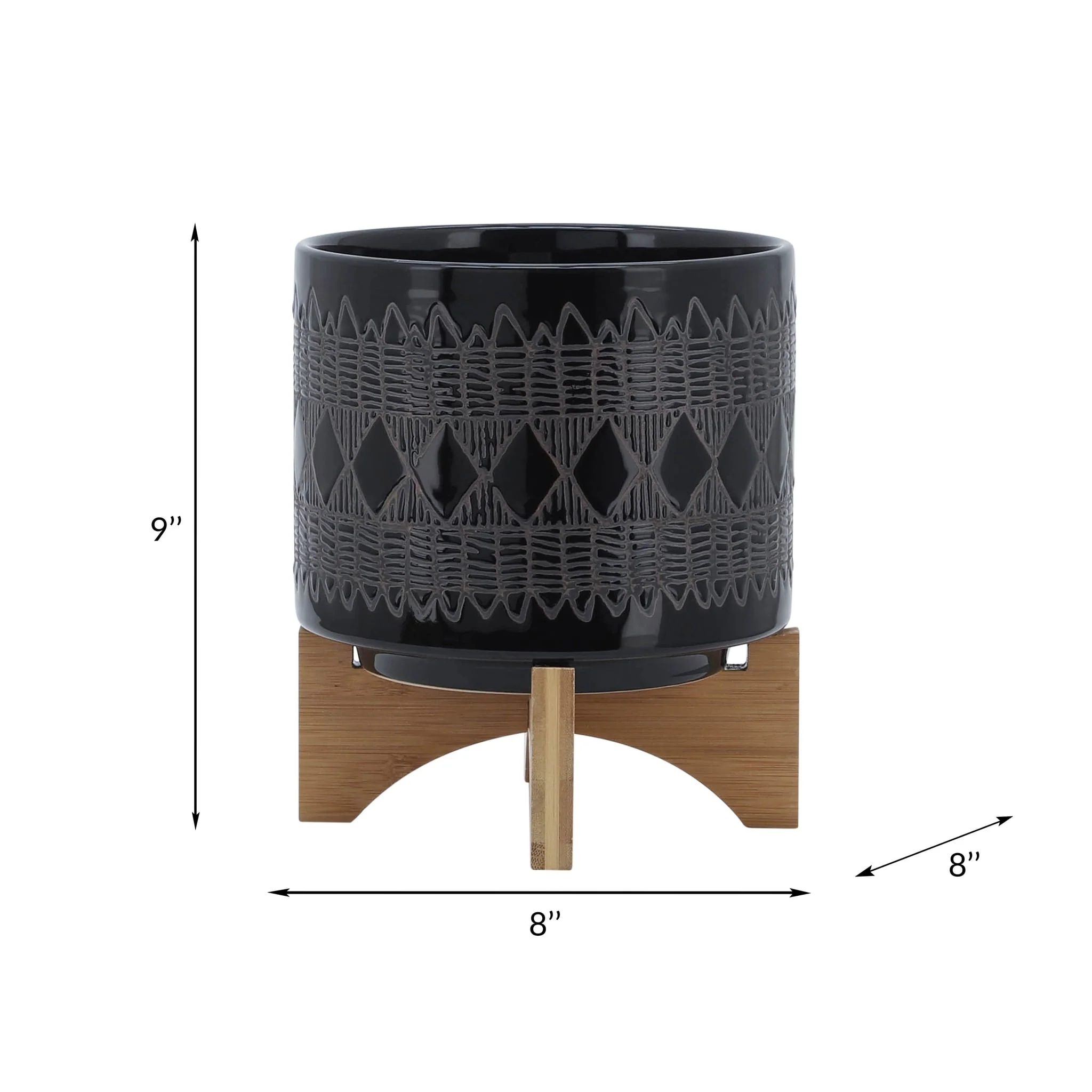 Ceramic 8" Aztec Planter On Wooden Stand, Black - Image 8