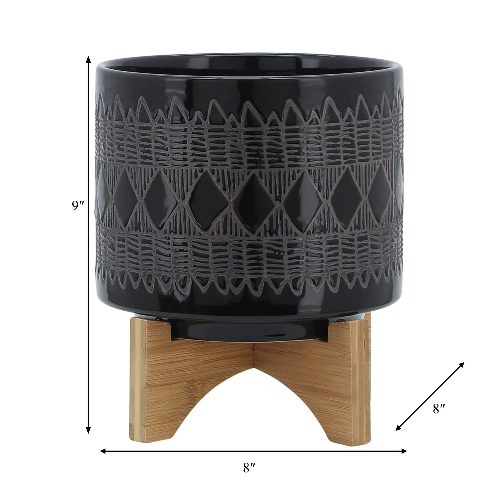 Ceramic 8" Aztec Planter On Wooden Stand, Black - Image 9