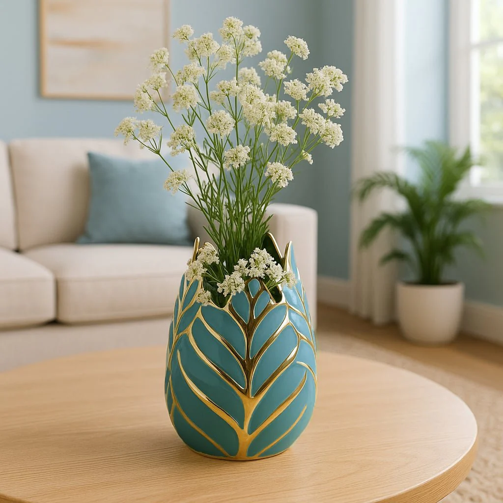 Ceramic 8"h Leaf Vase, Turquoise/gold - Image 10
