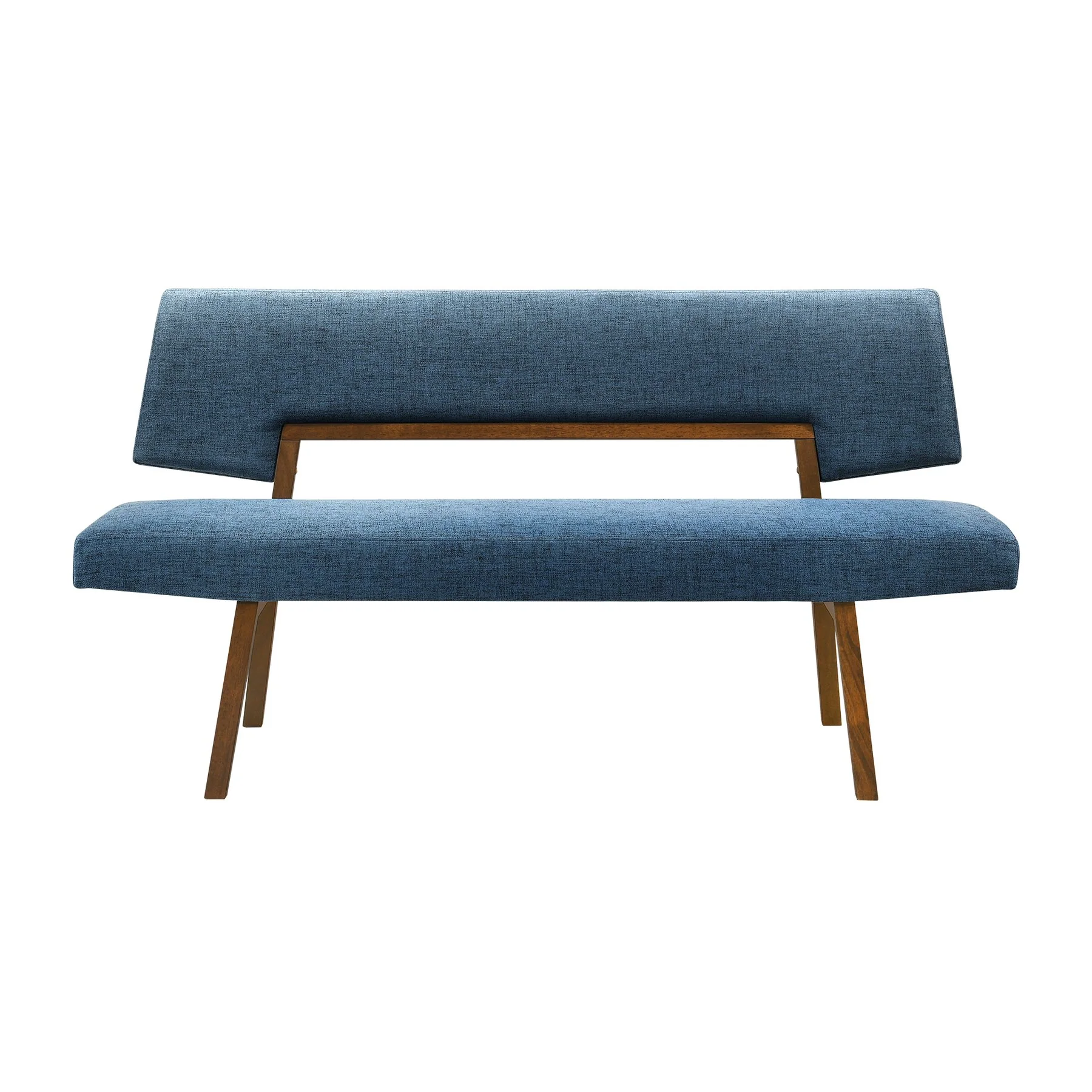 Channell 5 Piece Walnut Wood Dining Table Set with Benches in Blue Fabric - Image 3