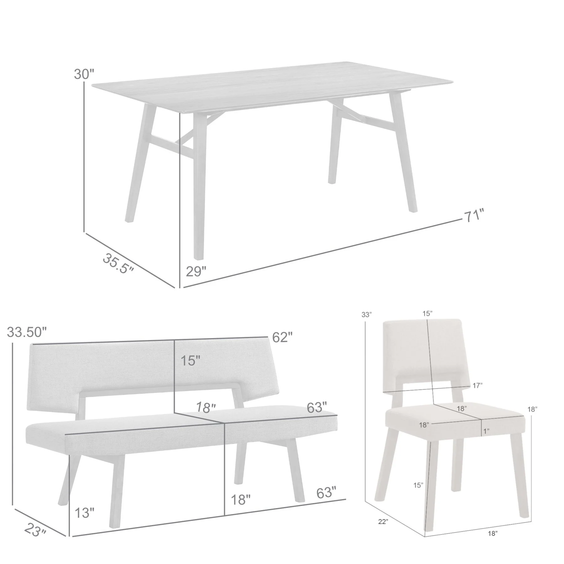 Channell 5 Piece Walnut Wood Dining Table Set with Benches in Charcoal Fabric - Image 11
