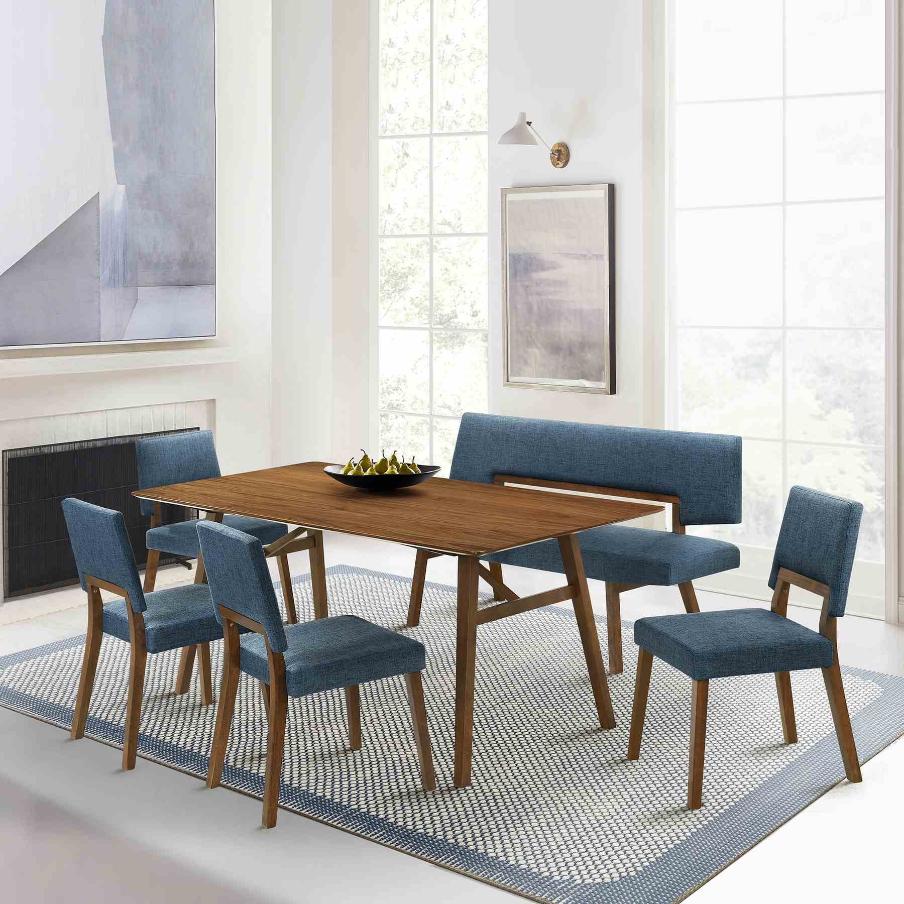 Channell 6 Piece Walnut Wood Dining Table Set with Bench in Blue Fabric - Image 11