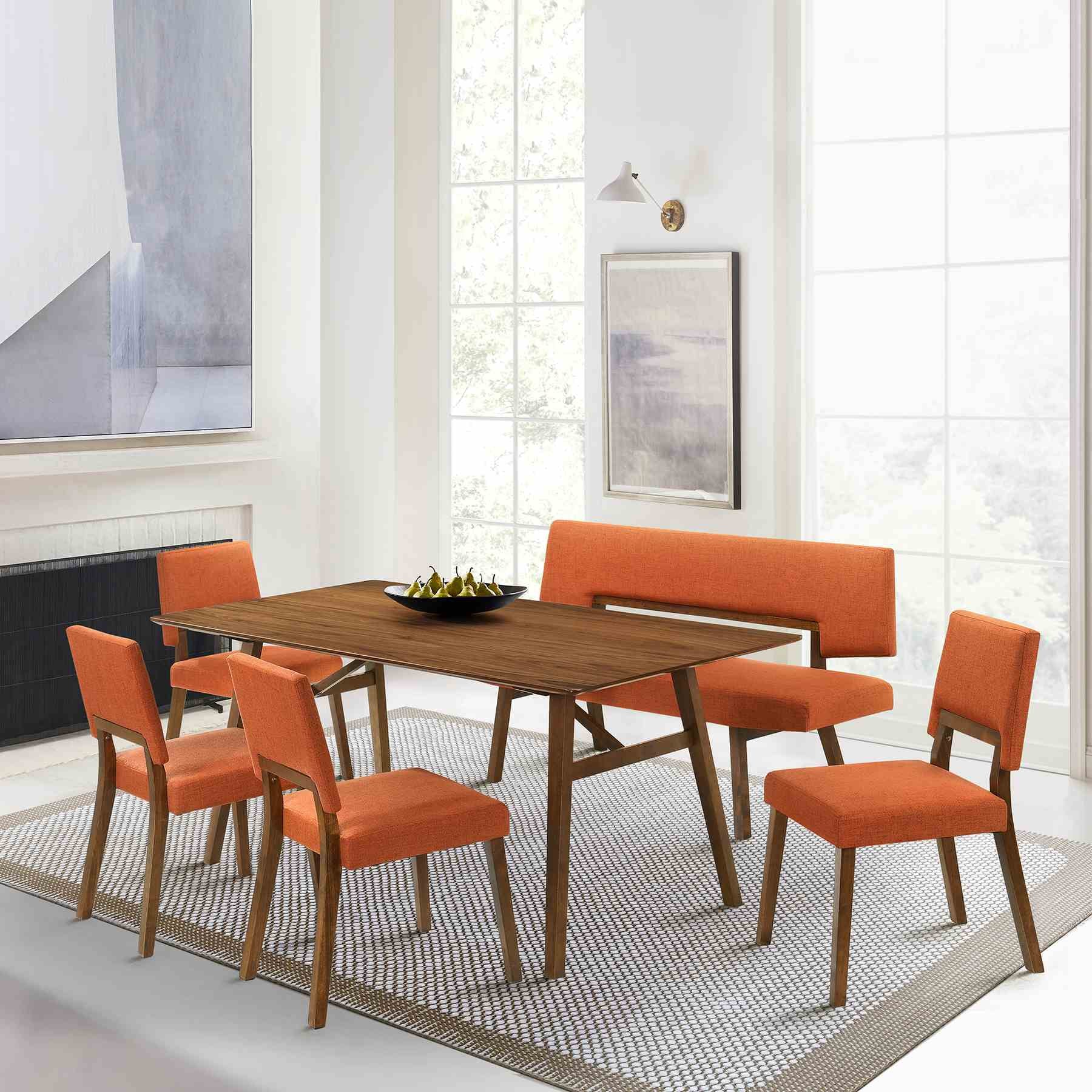 Channell Wood Dining Bench in Walnut Finish with Orange Fabric - Image 8