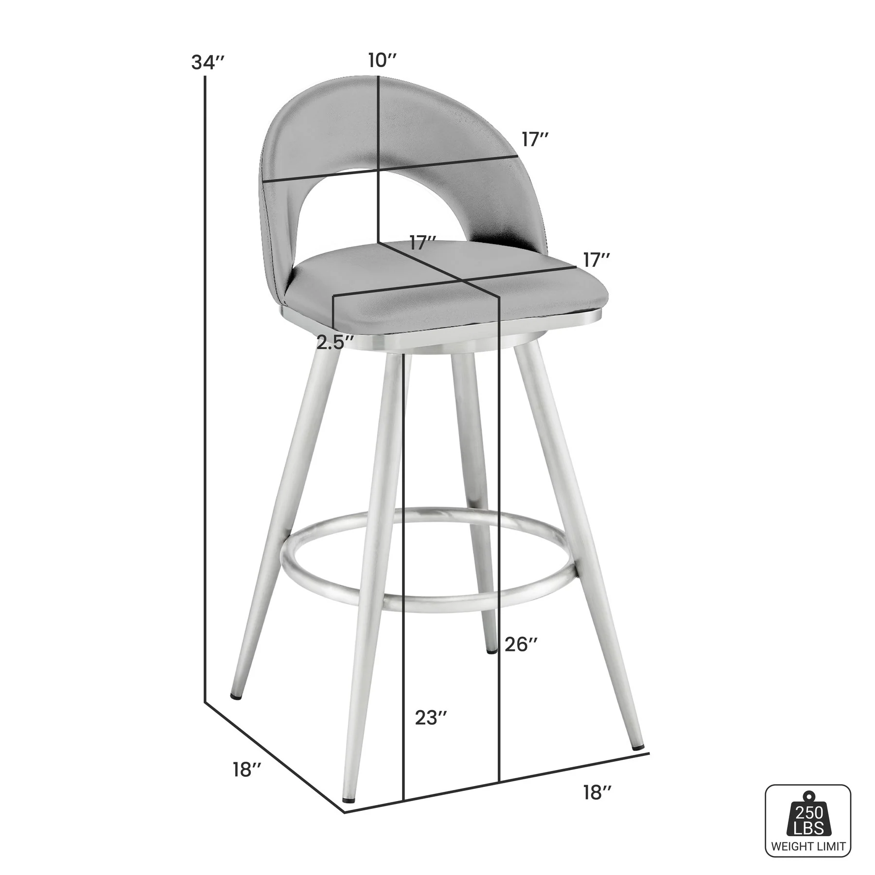 Charlotte 26" Swivel Counter Stool in Brushed Stainless Steel and Gray Faux Leather - Image 8