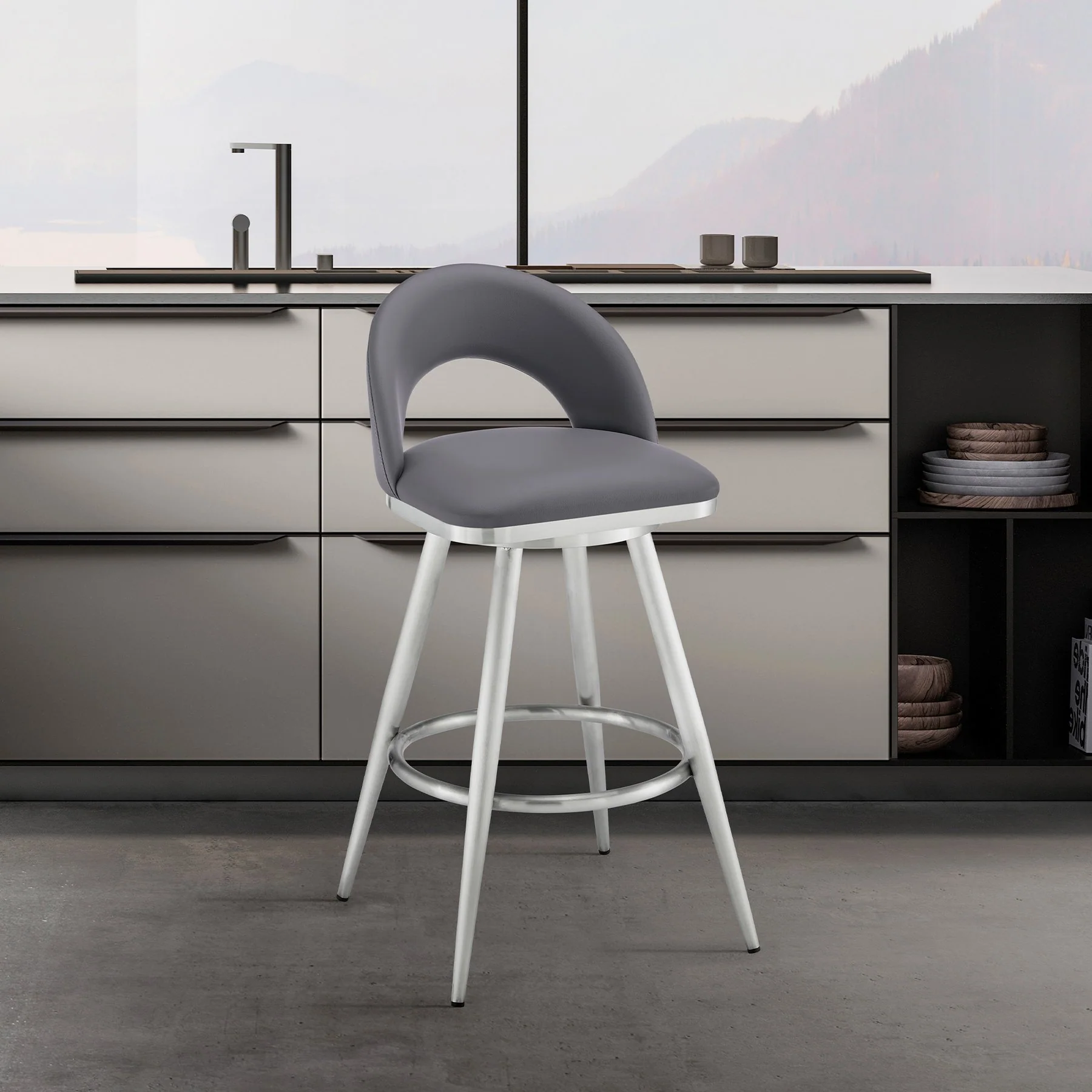 Charlotte 30" Swivel Bar Stool in Brushed Stainless Steel with Gray Faux Leather - Image 9