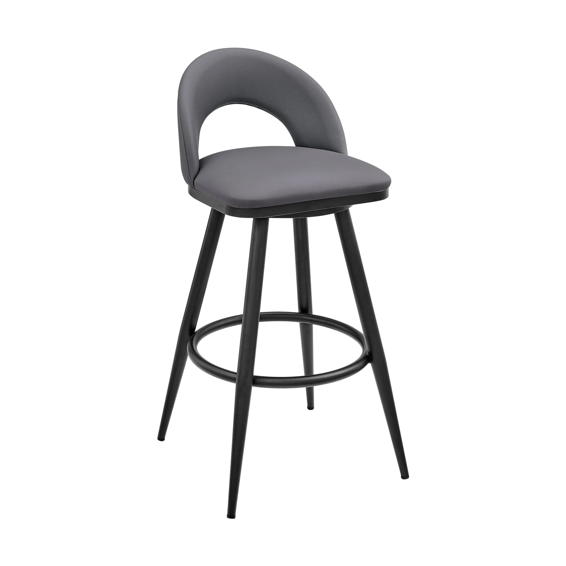 Charlotte Swivel Counter Stool in Black Metal and Gray Faux Leather