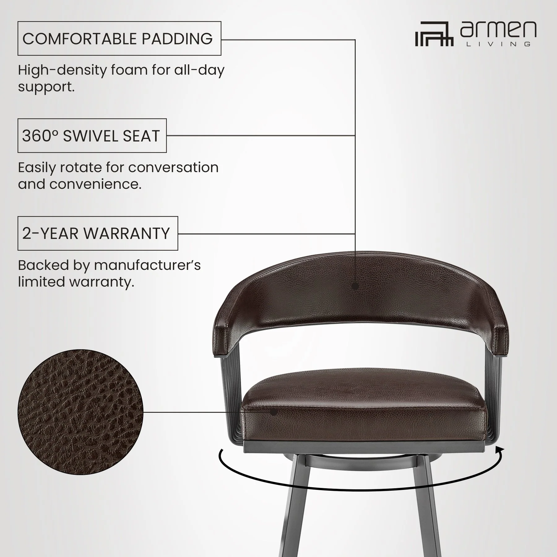 Chelsea 25" Swivel Counter Stool with Java Silver Finish and Chocolate Faux Leather - Image 11