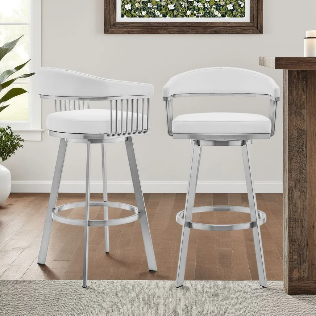 Chelsea 29" Swivel Bar Stool with Brushed Stainless Steel and White Faux Leather - Image 8