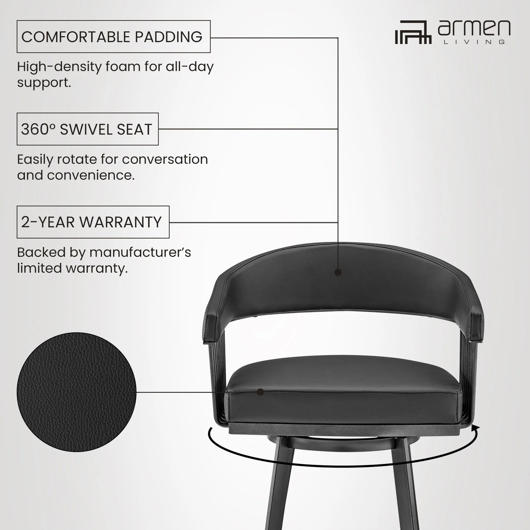 Chelsea 29" Swivel Bar Stool with Matte Black Finish and Black Faux Leather - Image 11