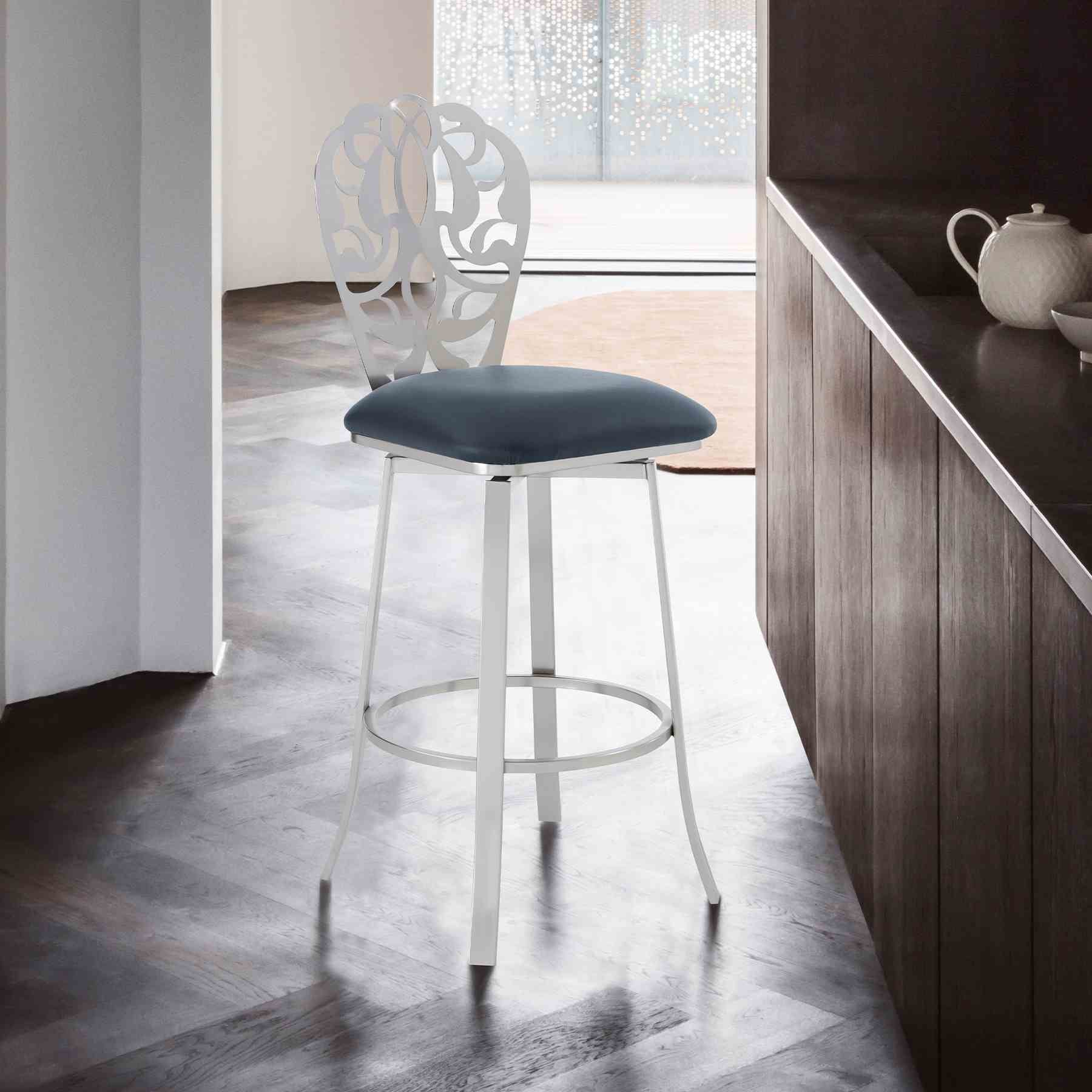 Cherie Contemporary 26" Counter Height Barstool in Brushed Stainless Steel Finish and Gray Faux Leather - Image 7