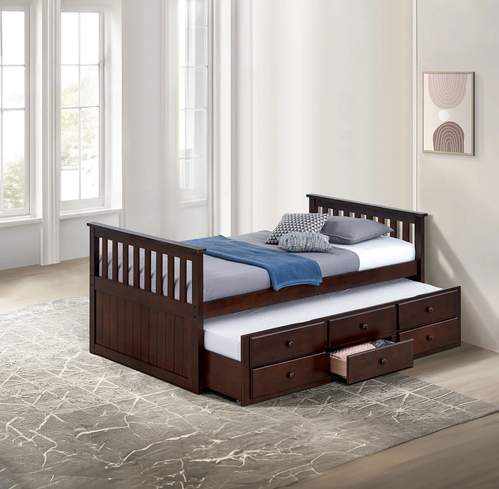 Clemens Twin Captain Bed w/ Trundle, Dark Walnut