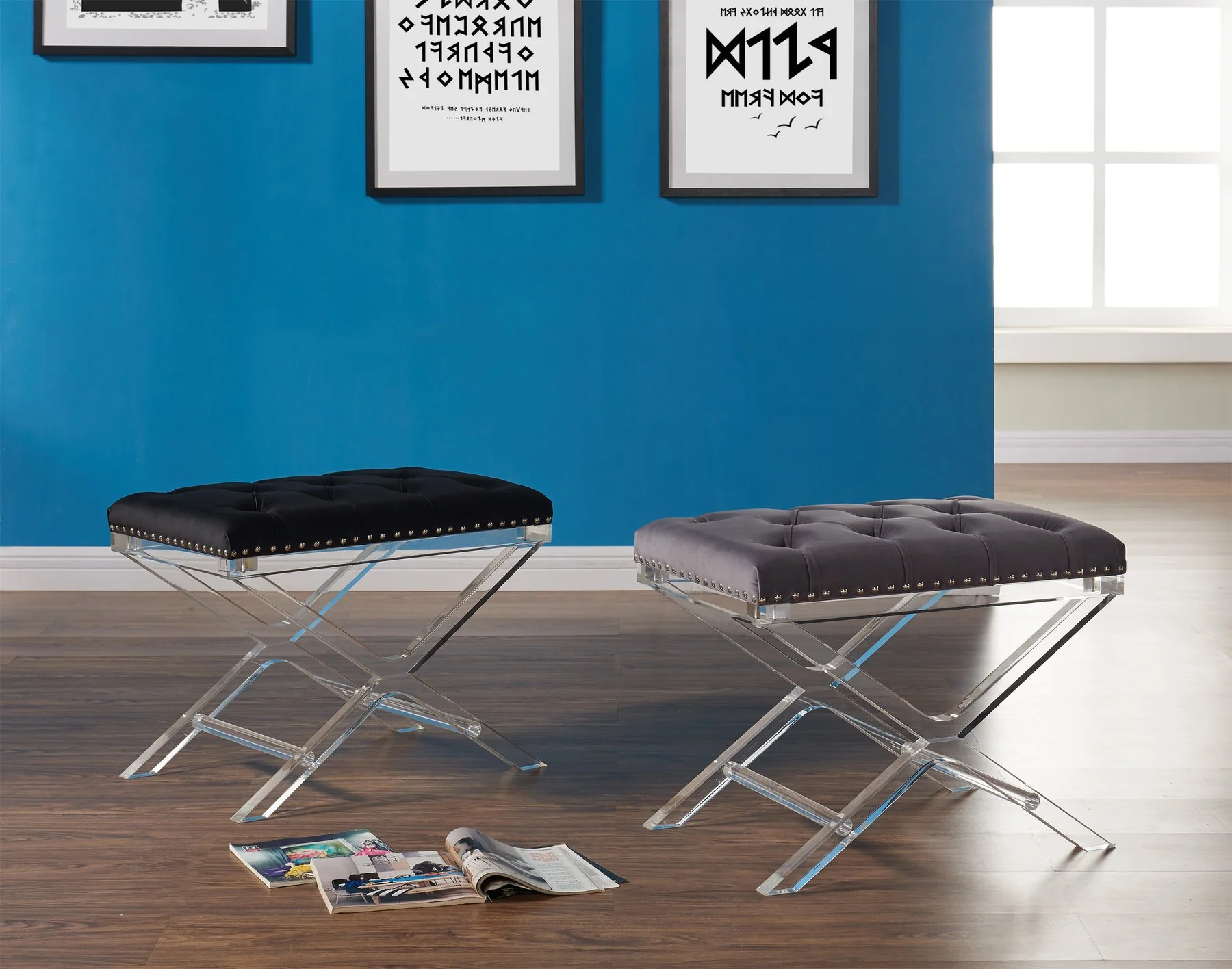 Cody Modern and Contemporary Tufted Ottoman in Black Velvet with Acrylic Legs - Image 3