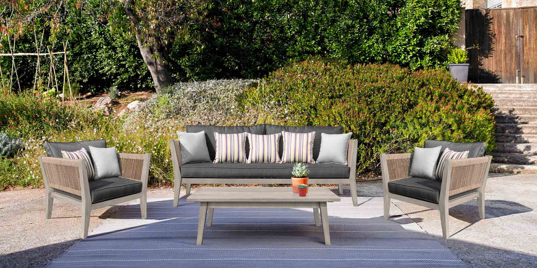 Condesa 4 Piece Outdoor Patio Furniture Set in Acacia Wood and Rope with Charcoal Cushions - Image 13