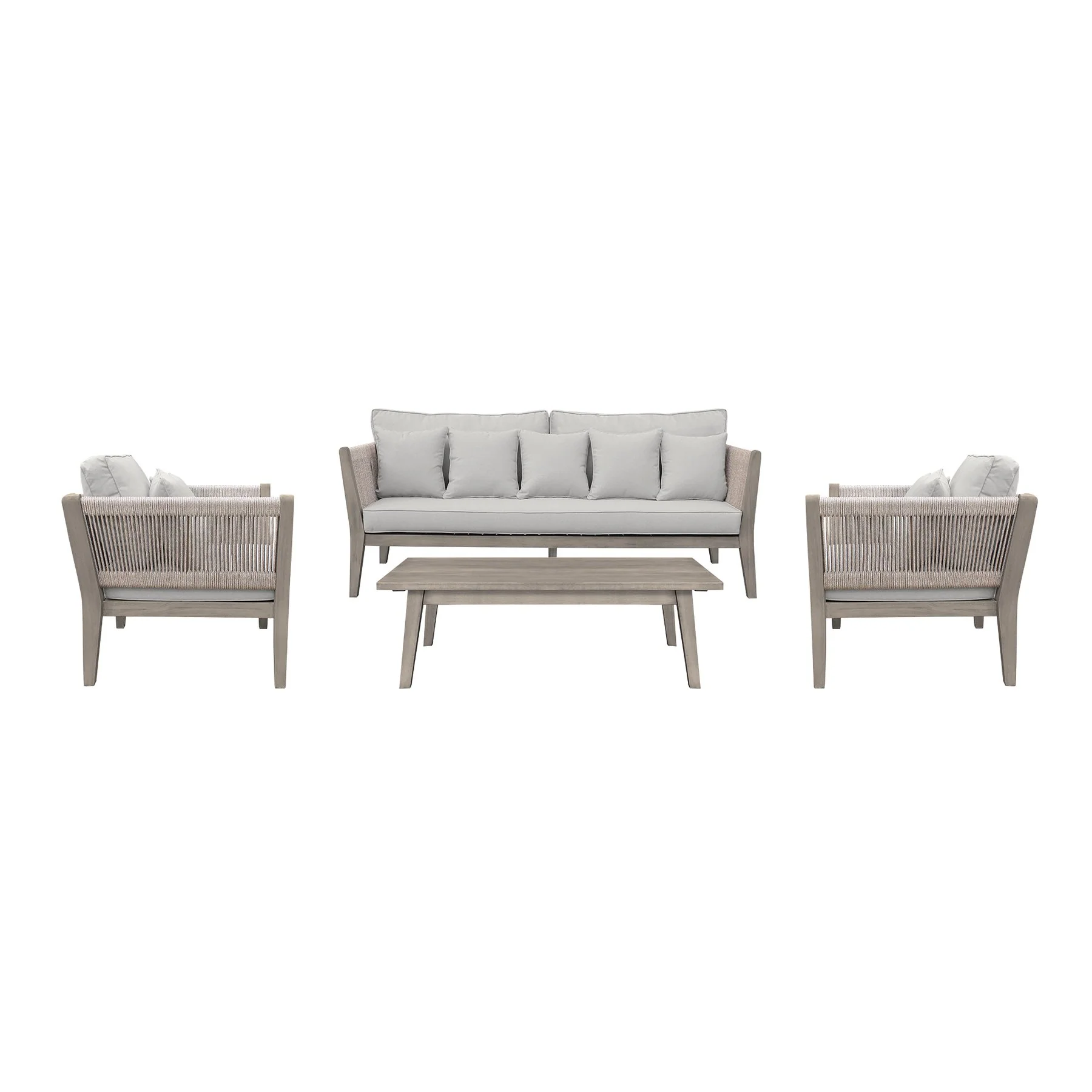 Condesa 4 Piece Outdoor Patio Furniture Set in Acacia Wood and Rope with Gray Cushions