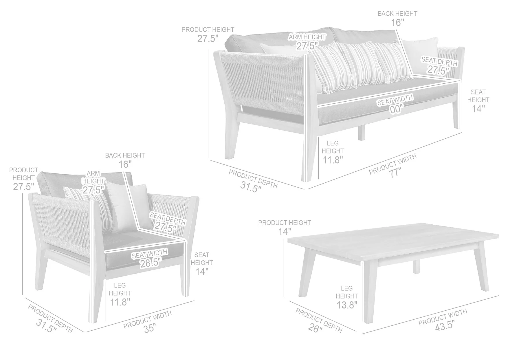 Condesa 4 Piece Outdoor Patio Furniture Set in Acacia Wood and Rope with Gray Cushions - Image 12