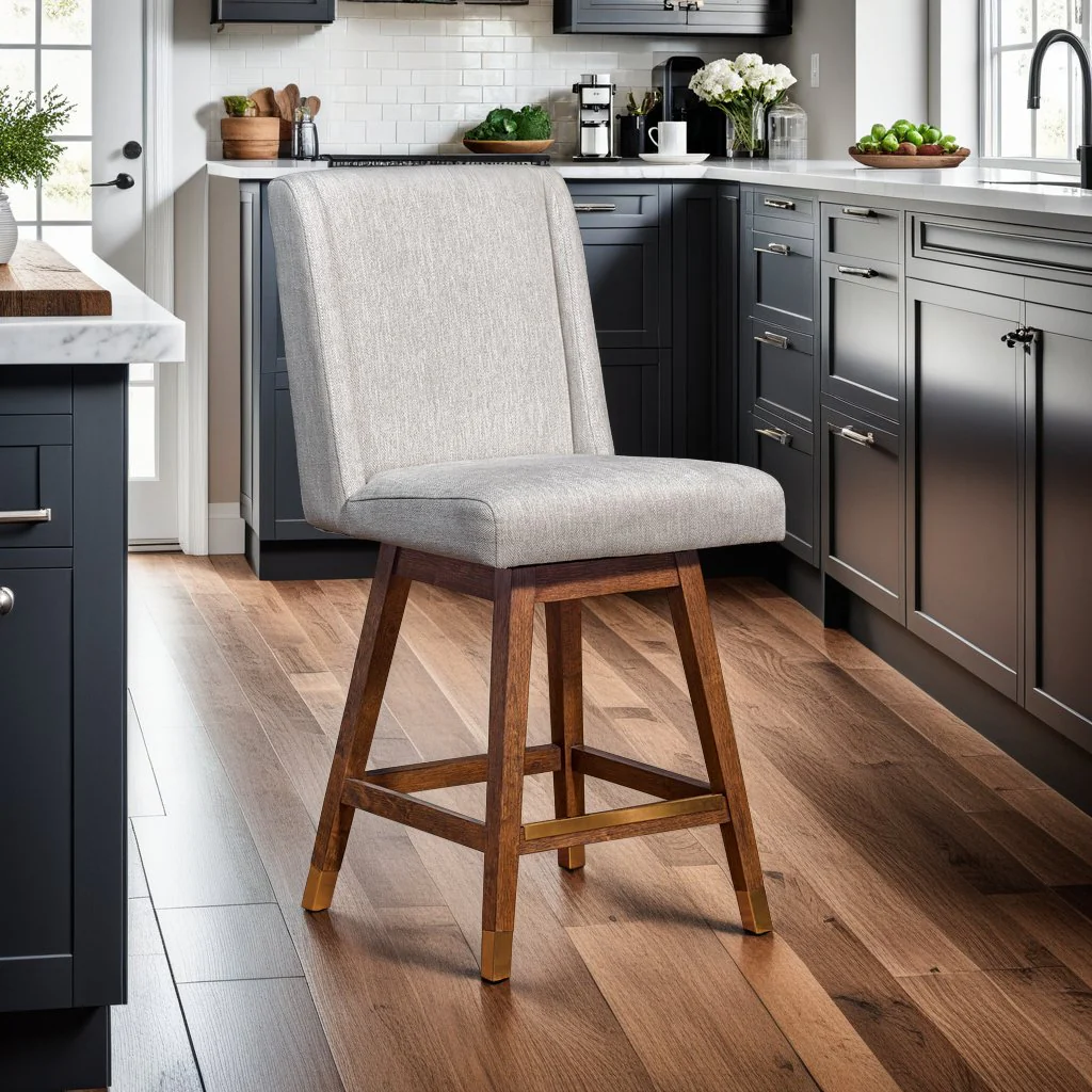 Constantine Swivel Counter Stool in Brown Oak Wood Finish with Beige Fabric - Image 10