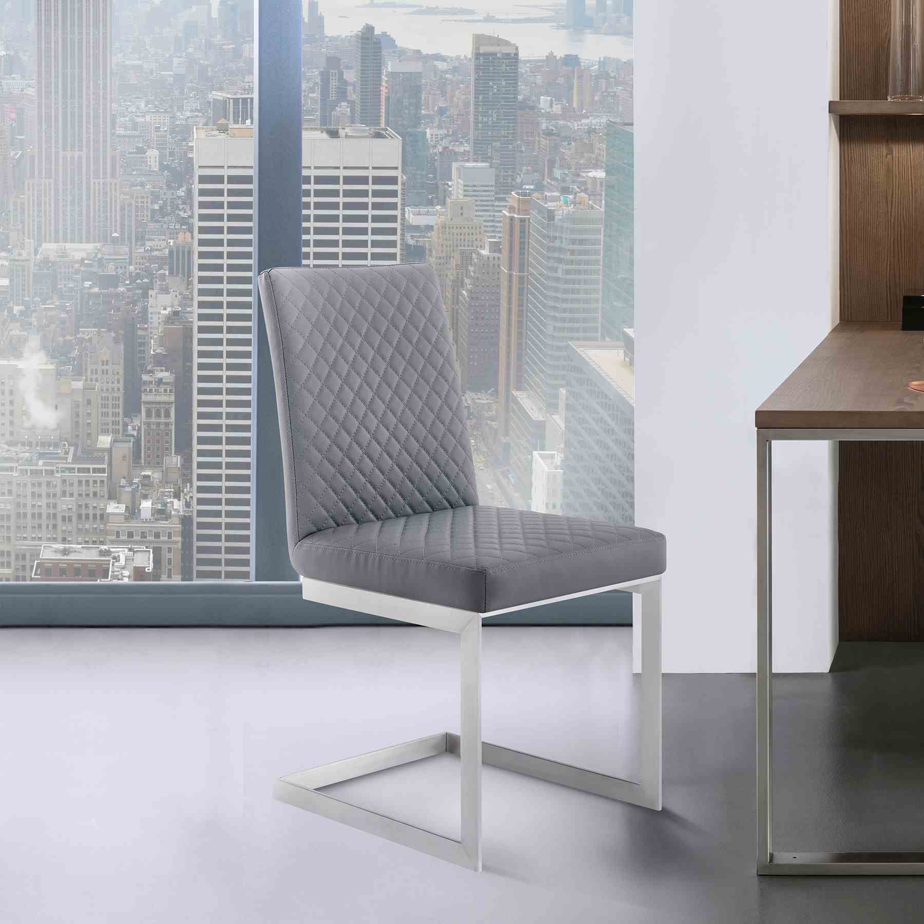 Copen Contemporary Dining Chair in Brushed Stainless Steel and Gray Faux Leather - Set of 2 - Image 9
