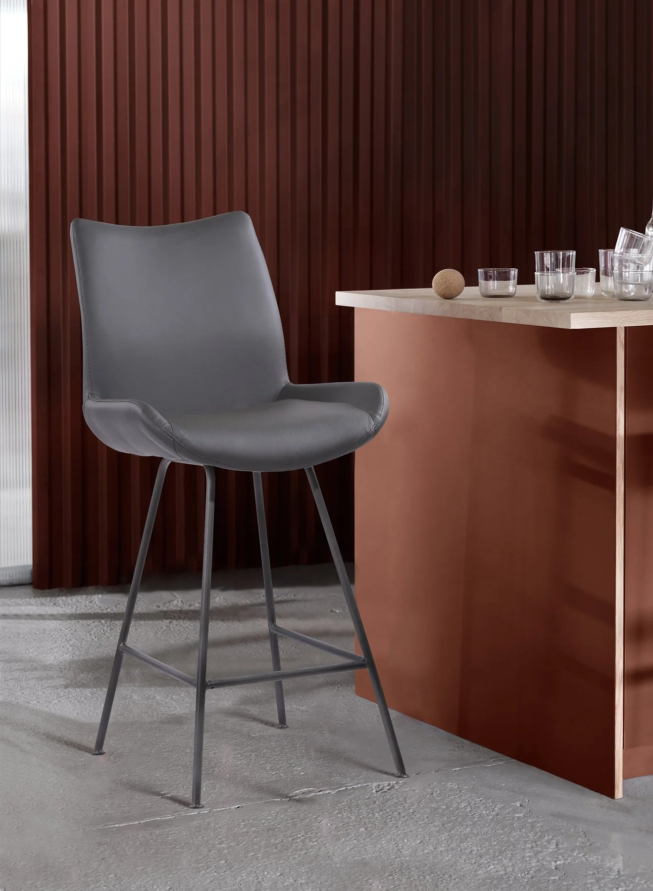 Coronado Contemporary 30" Bar Height Barstool in Brushed Gray Powder Coated Finish and Gray Faux Leather - Image 8