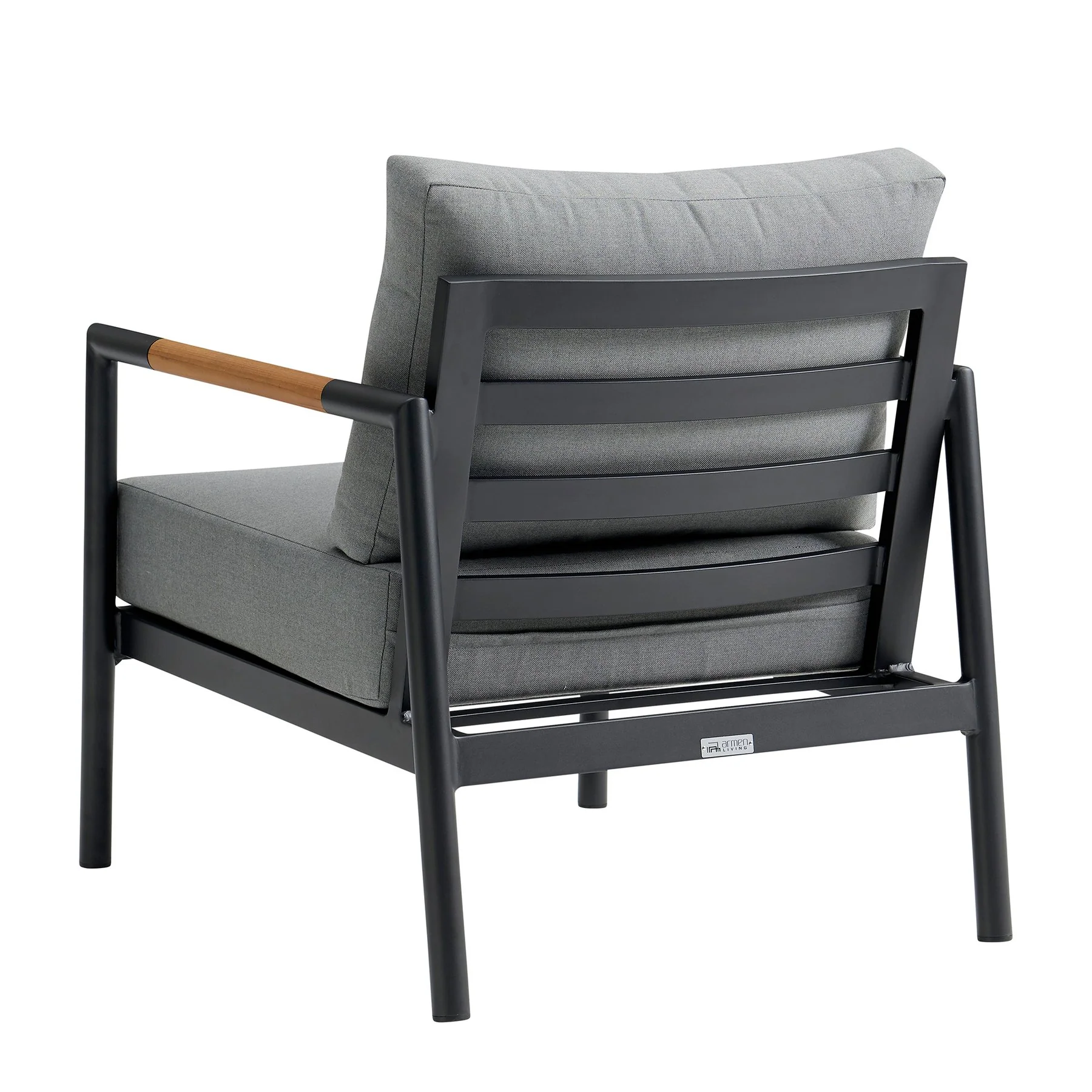Crown 4 Piece Black Aluminum and Teak Outdoor Seating Set with Dark Gray Cushions - Image 5