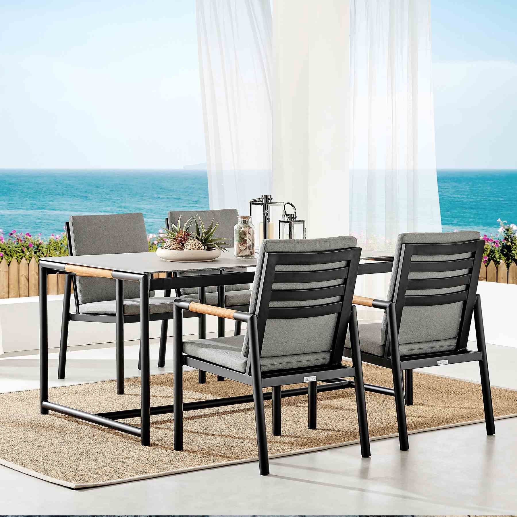 Crown 5 Piece Black Aluminum and Teak Outdoor Dining Set with Dark Gray Fabric - Image 9