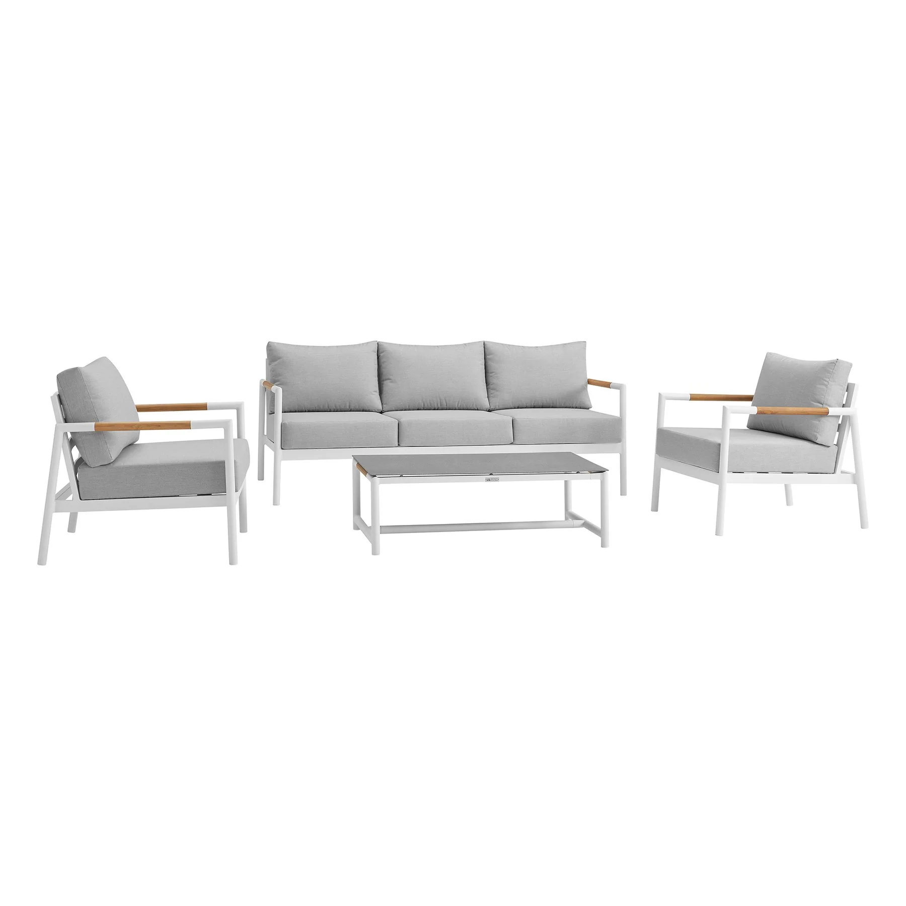 Crown Aluminum and Teak Wood Outdoor Coffee Table in White and Gray