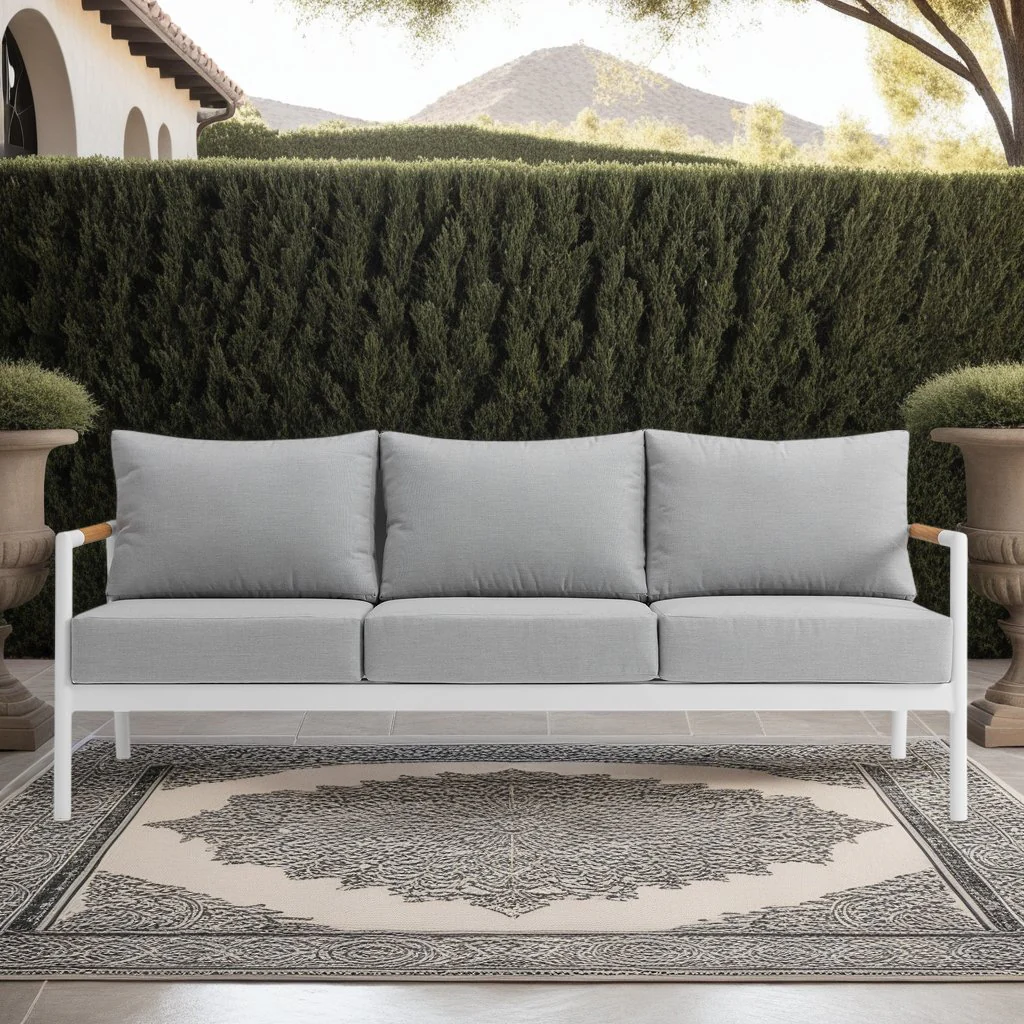 Crown Aluminum and Teak Wood Outdoor Sofa in White and Gray - Image 4