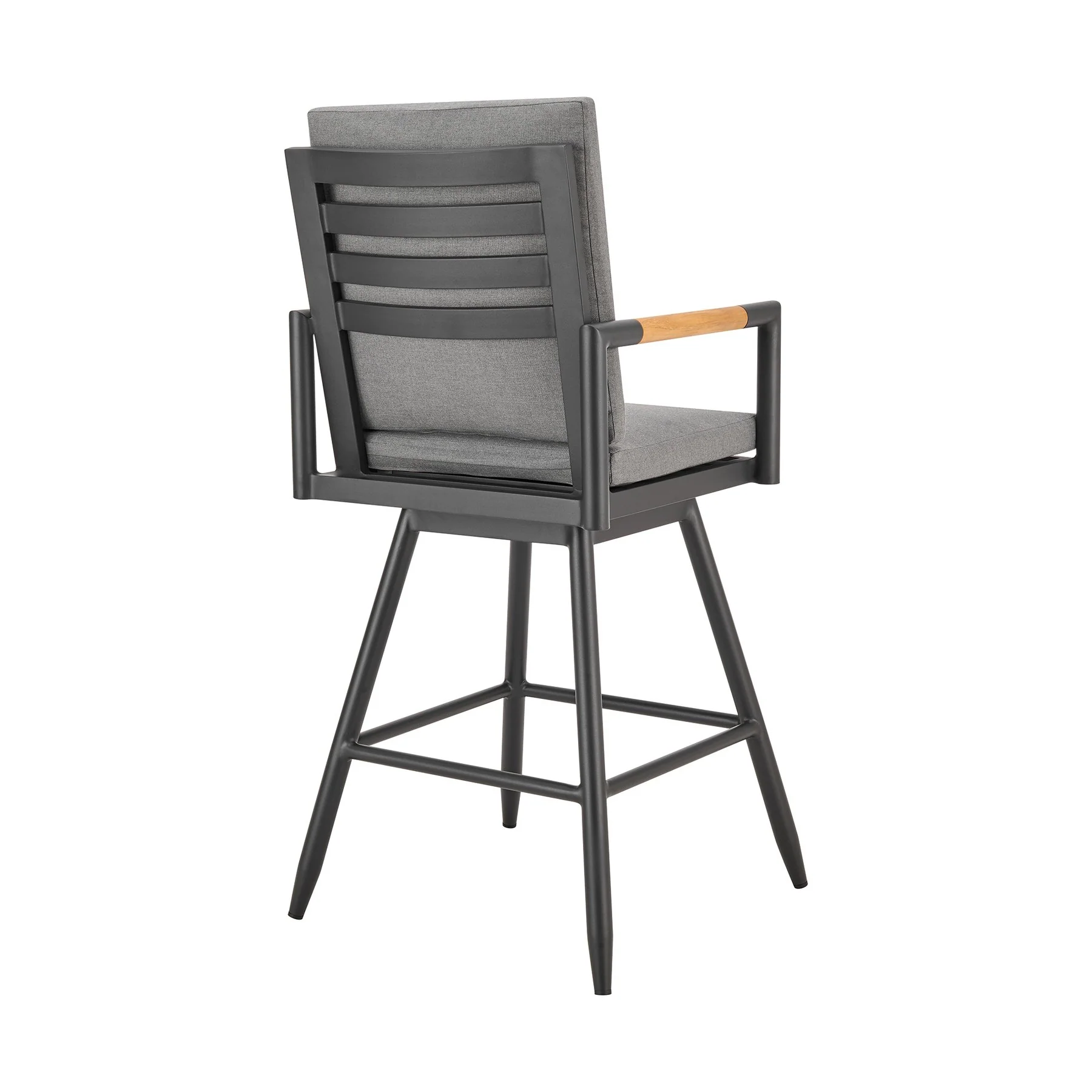 Crown Outdoor Patio Swivel Bar Stool in Black Aluminum with Wood Accent and Dark Gray Cushions - Image 3
