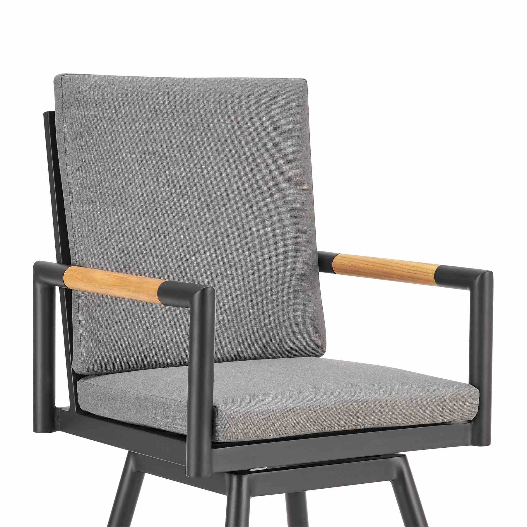 Crown Outdoor Patio Swivel Bar Stool in Black Aluminum with Wood Accent and Dark Gray Cushions - Image 4