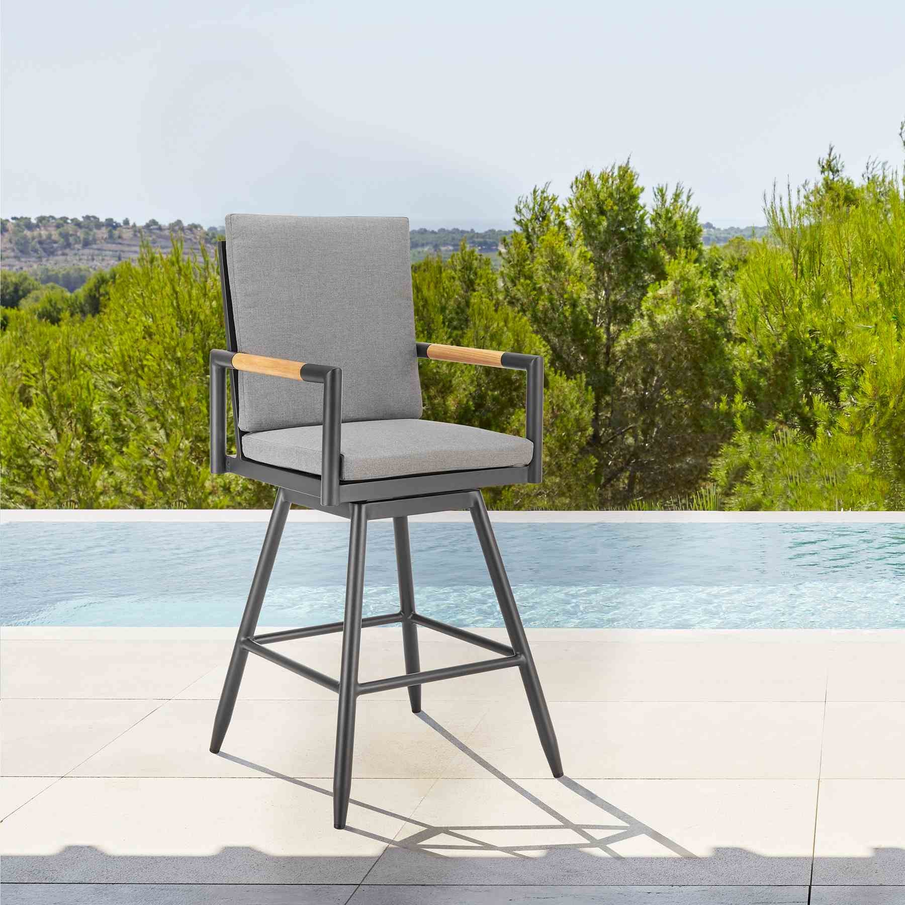 Crown Outdoor Patio Swivel Counter Stool in Black Aluminum with Wood Accent and Dark Gray Cushions - Image 10