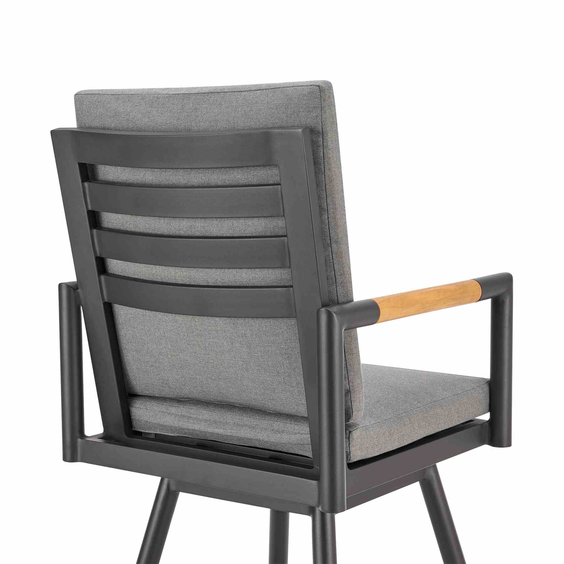 Crown Outdoor Patio Swivel Counter Stool in Black Aluminum with Wood Accent and Dark Gray Cushions - Image 5