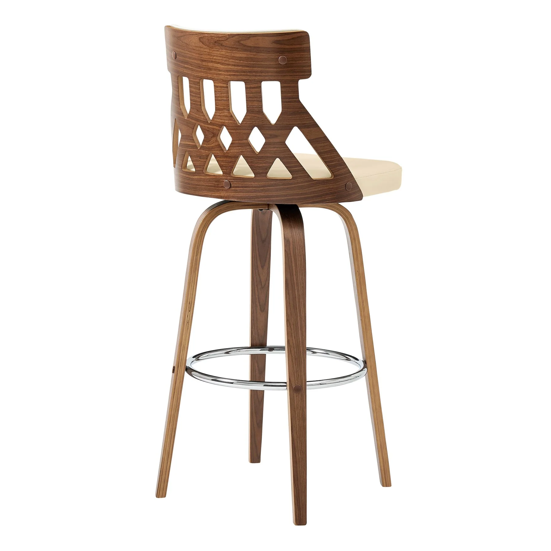 Crux 26" Swivel Bar Stool in Cream Faux Leather and Walnut Wood - Image 4