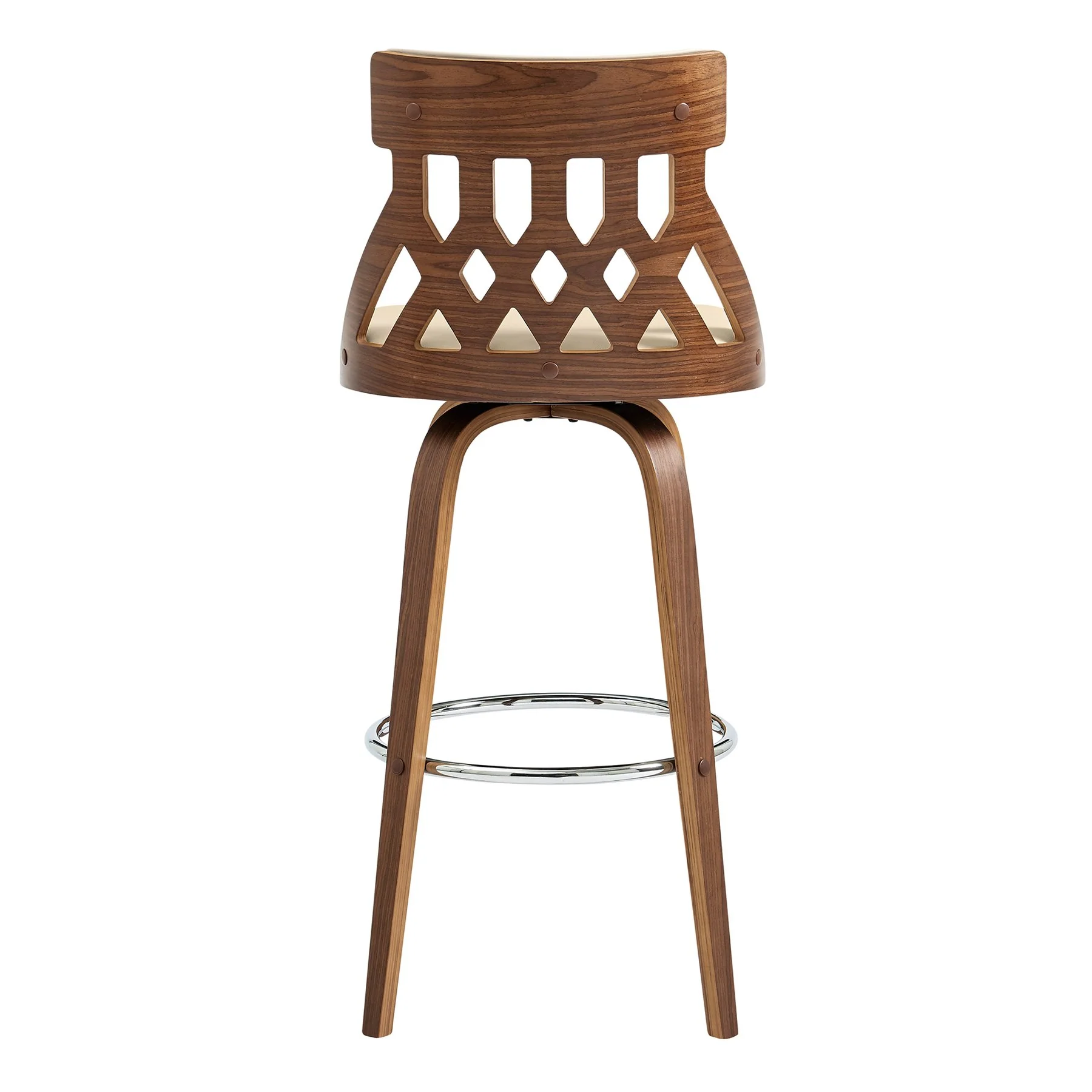 Crux 26" Swivel Bar Stool in Cream Faux Leather and Walnut Wood - Image 5