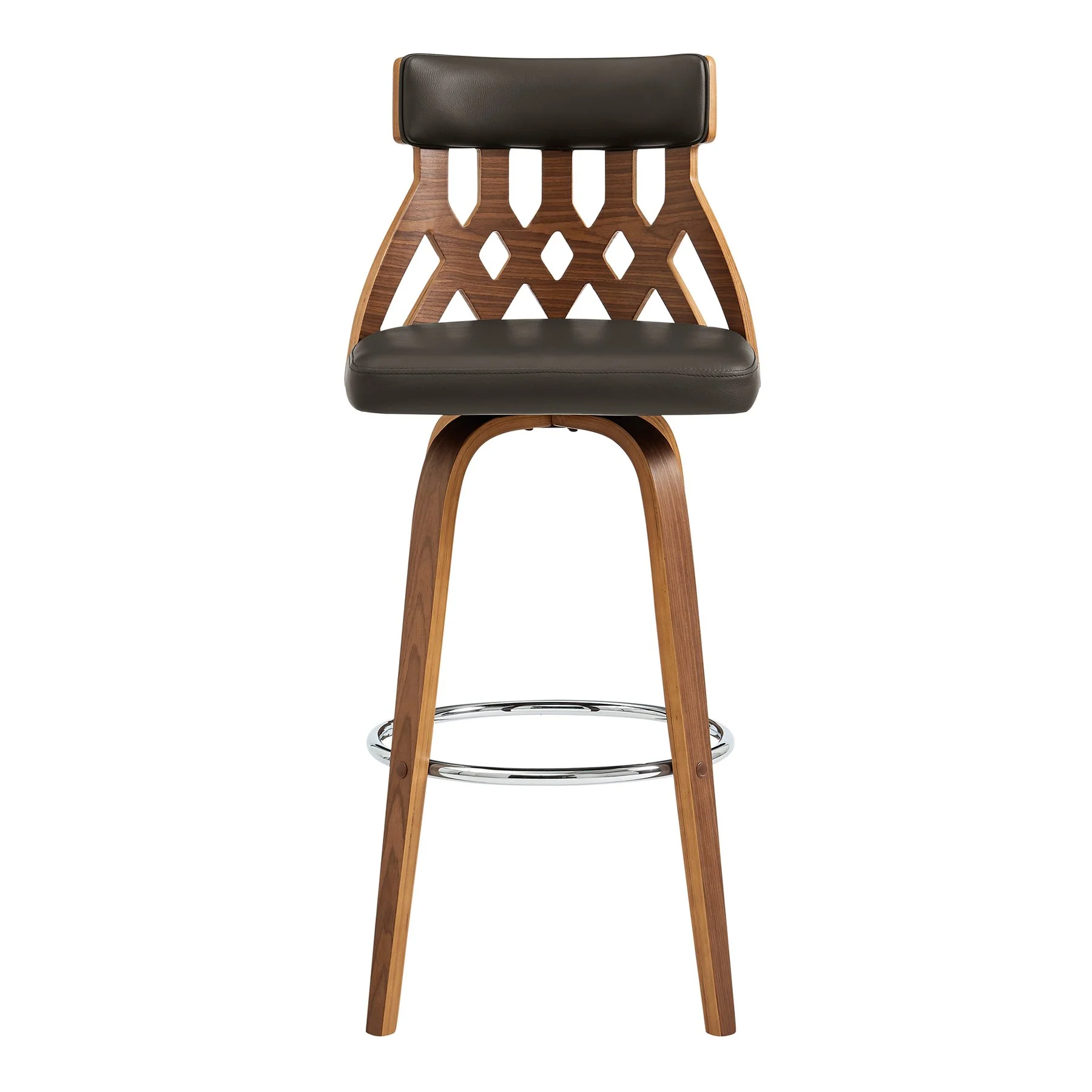 Crux 30" Swivel Bar Stool in Brown Faux Leather and Walnut Wood - Image 2