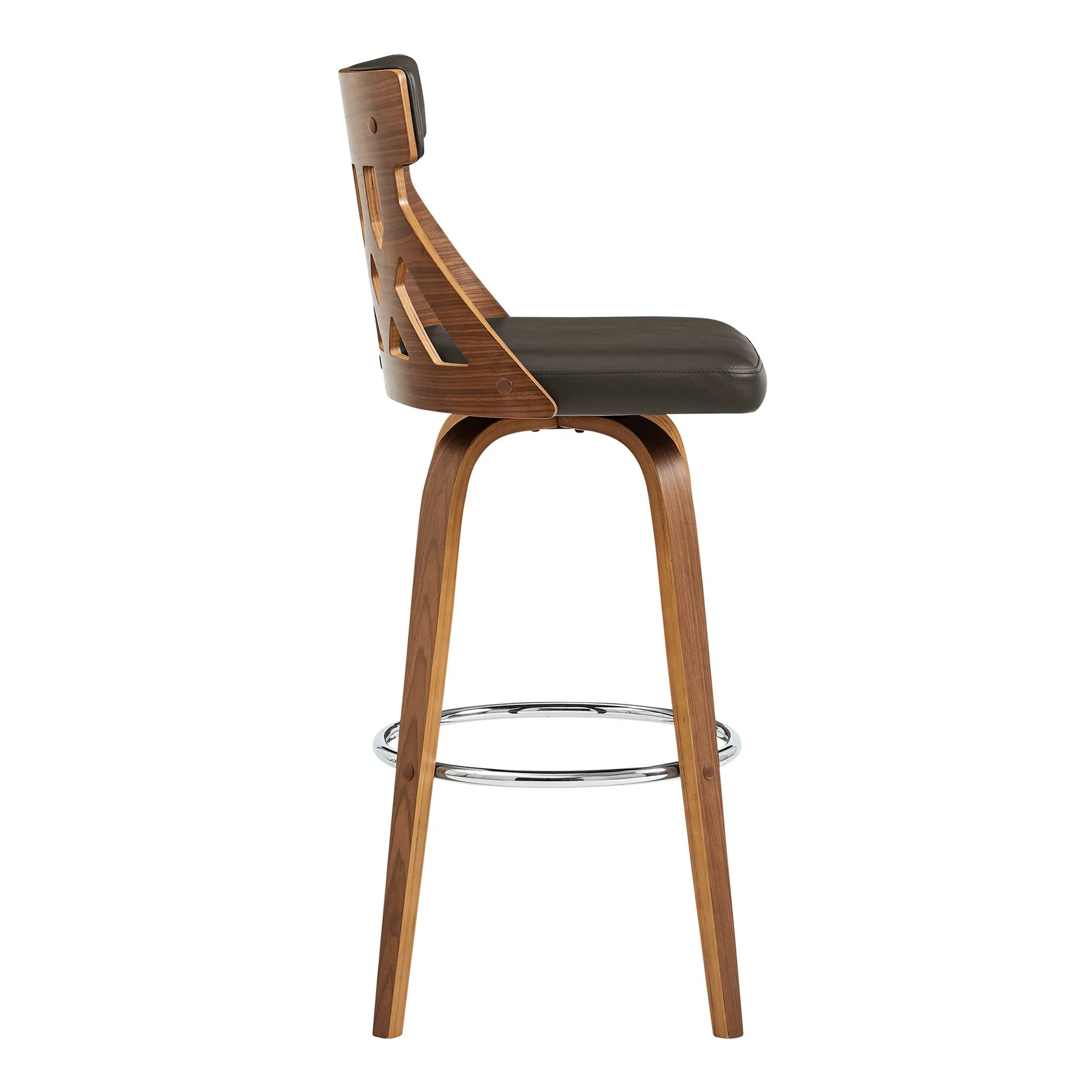 Crux 30" Swivel Bar Stool in Brown Faux Leather and Walnut Wood - Image 3