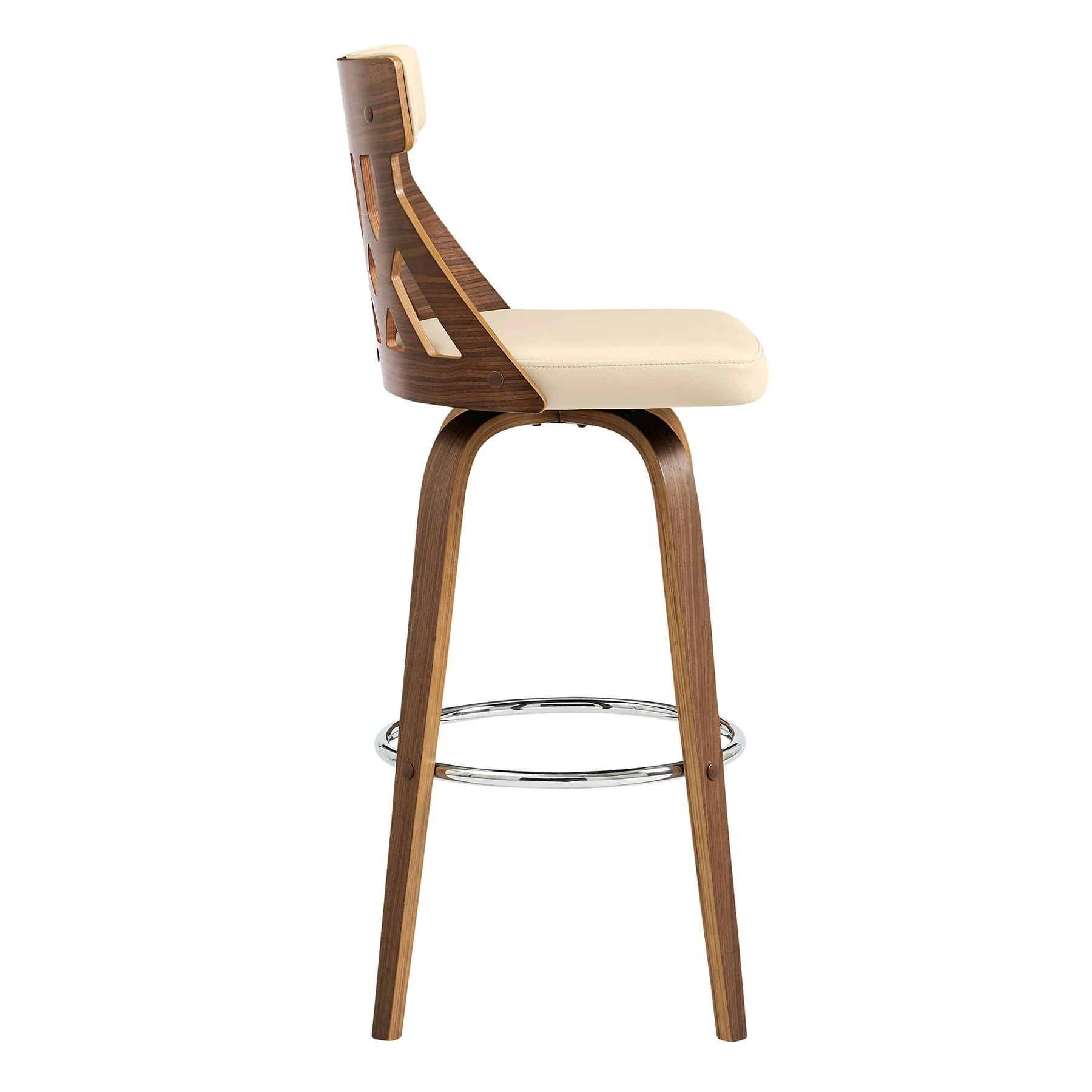 Crux 30" Swivel Bar Stool in Cream Faux Leather and Walnut Wood - Image 3