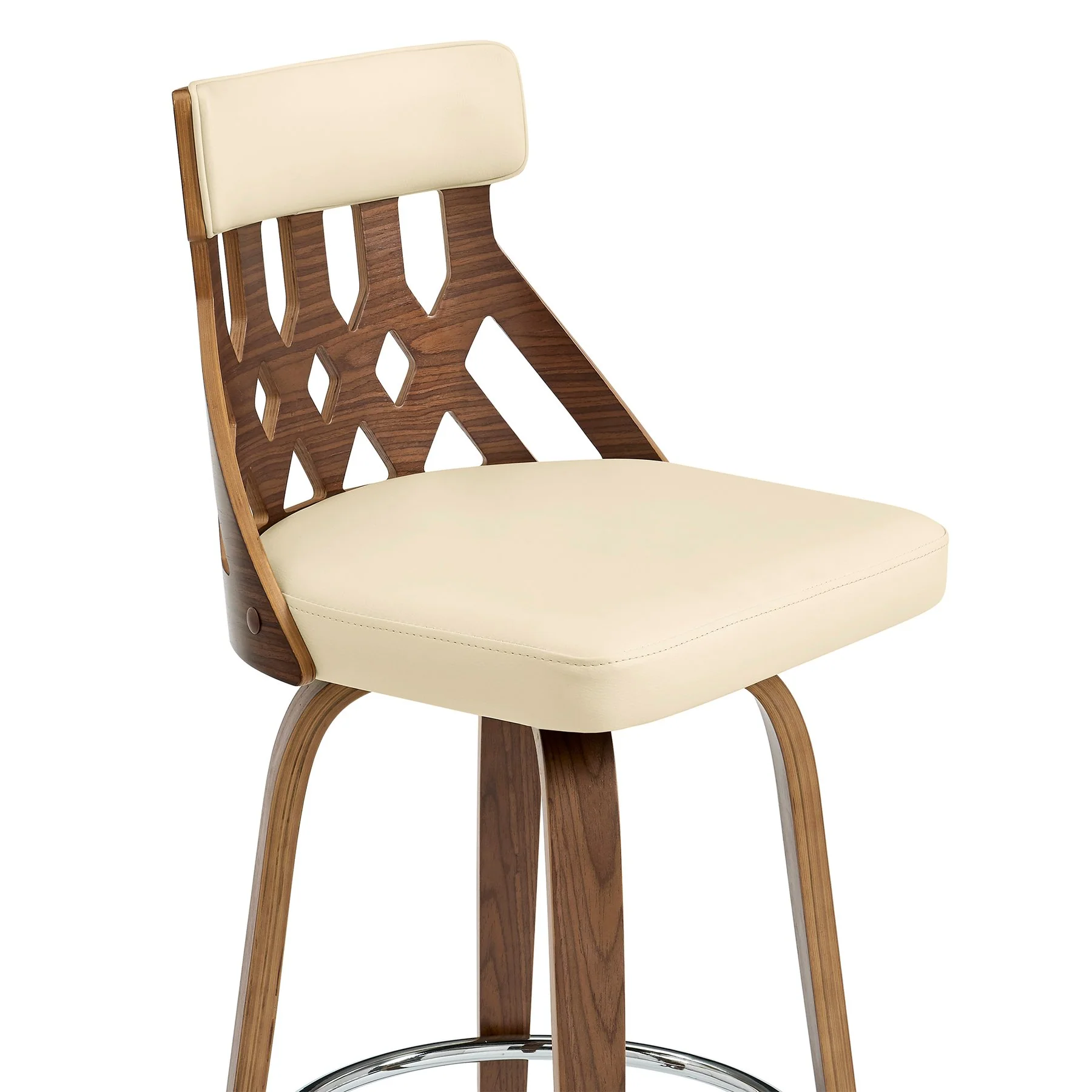Crux 30" Swivel Bar Stool in Cream Faux Leather and Walnut Wood - Image 6