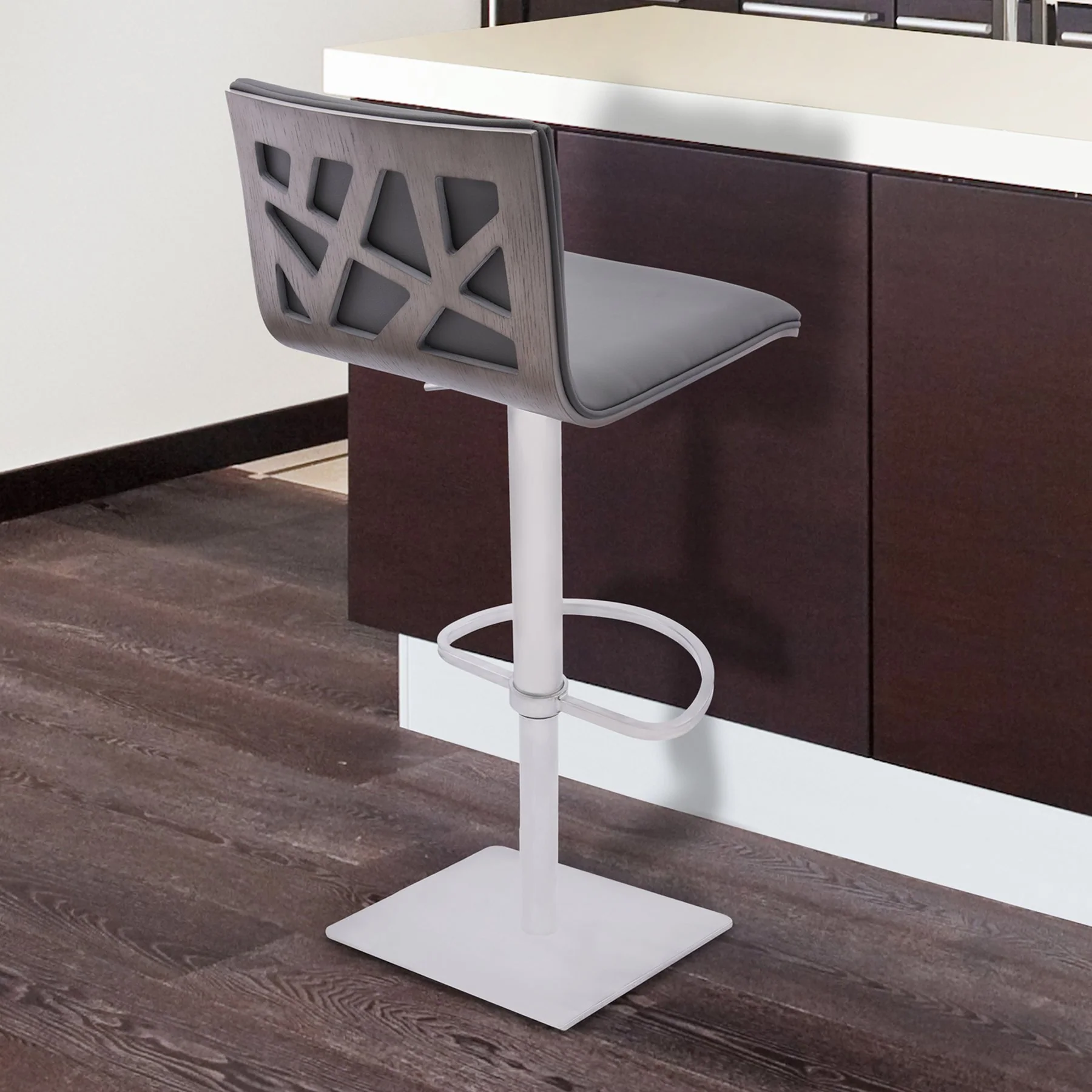 Crystal Adjustable Height Swivel Gray Faux Leather and Gray Walnut Bar Stool with Brushed Stainless Steel Base - Image 6
