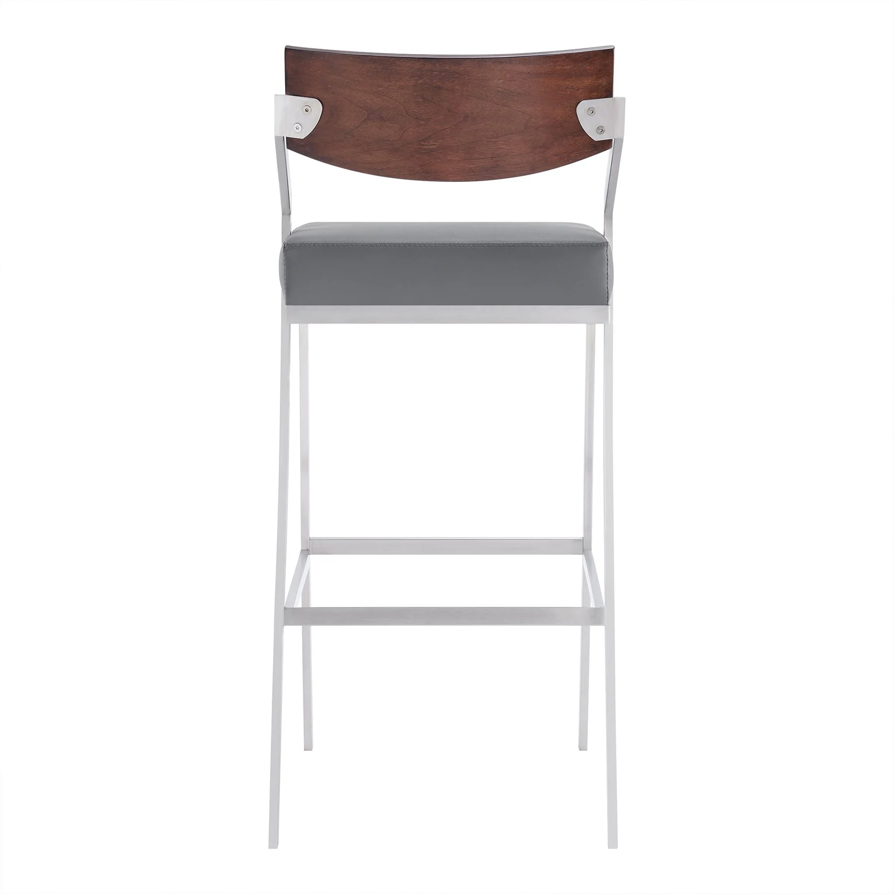 Dakota Mid-Century 30" Counter Height Barstool in Brushed Stainless Steel with Gray Faux Leather and Walnut Wood Finish Back - Image 4