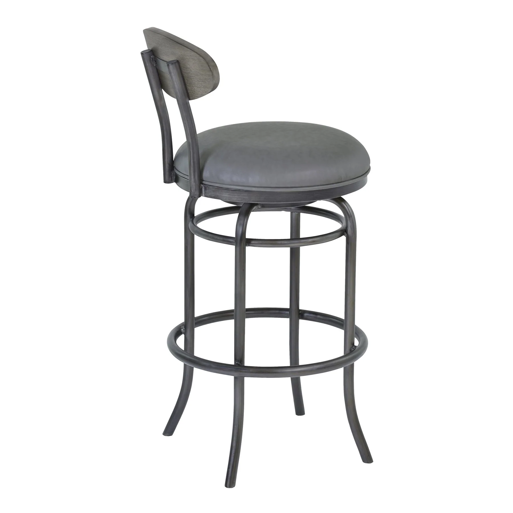 Davis 30" Bar Height Metal Swivel Barstool in Vintage Gray Faux Leather with Mineral Finish and Gray Walnut Wood Back - Image 3