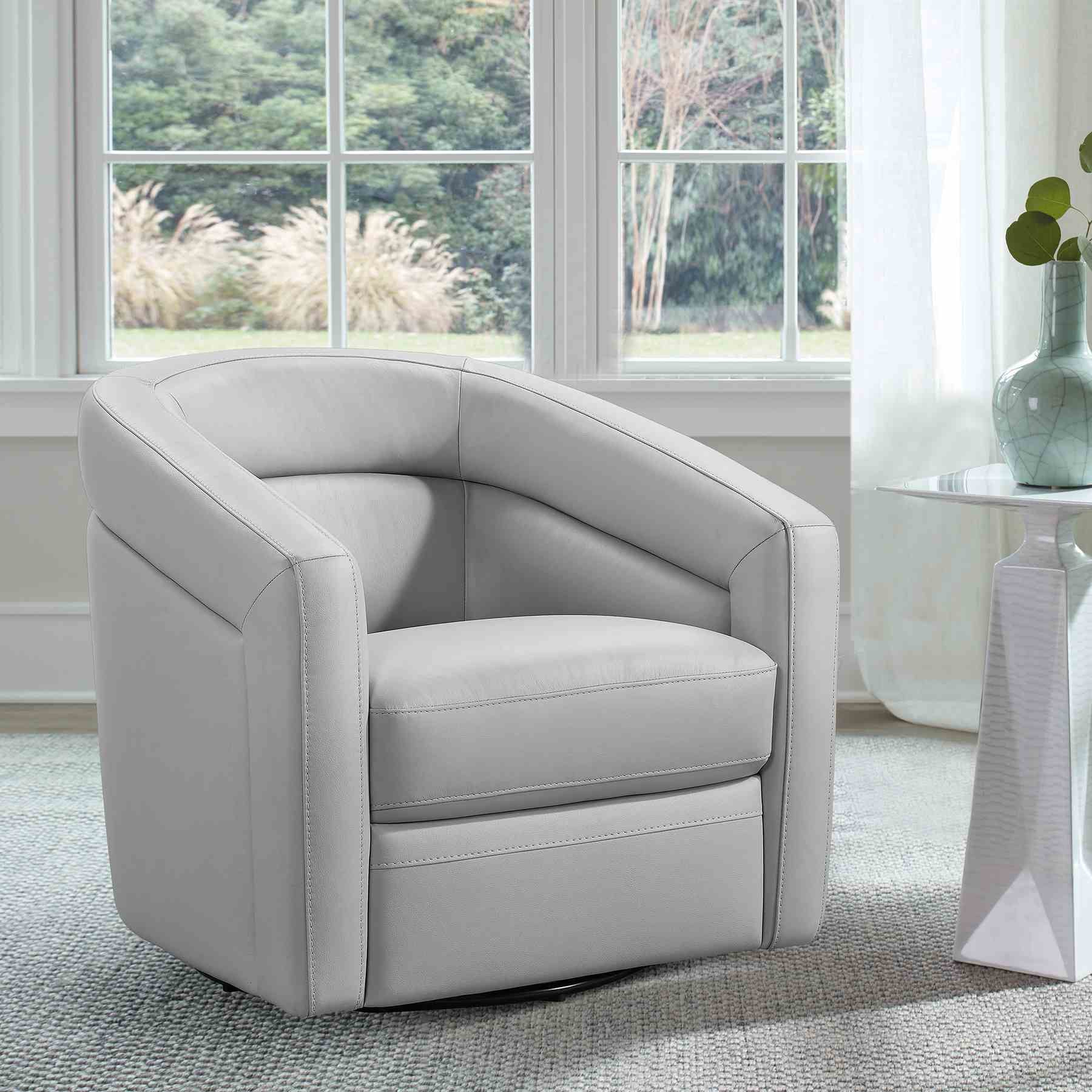 Desi Contemporary Swivel Accent Chair in Dove Gray Genuine Leather - Image 8