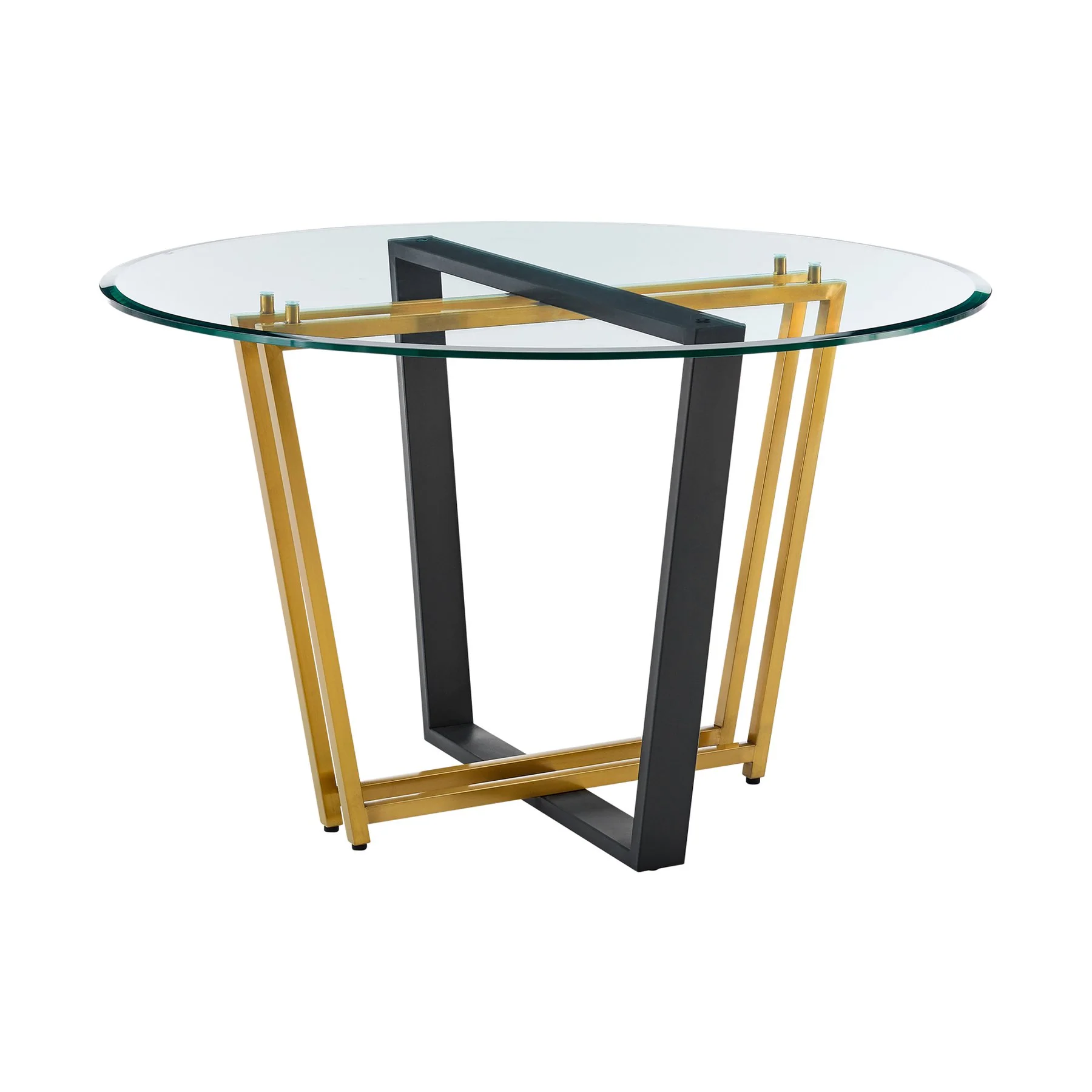 Devi 48" Round Dining Table in Gold Stainless Steel and Black Iron Base with Glass Tabletop
