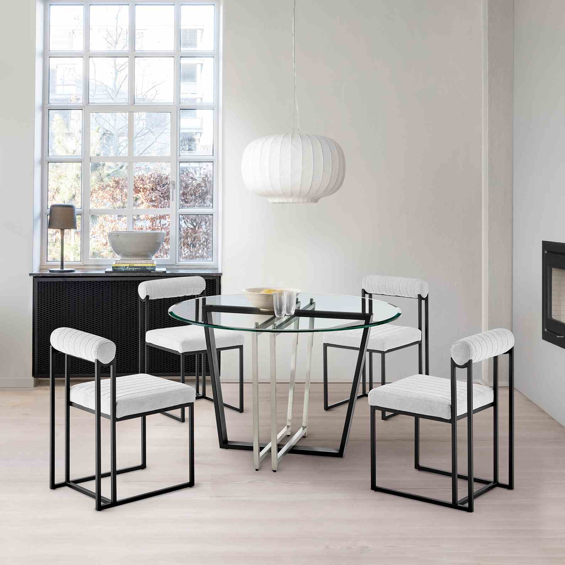 Devi Anastasia 5 Piece Round Glass Dining Table Set with Matte Black Iron and Light Gray Fabric - Image 10