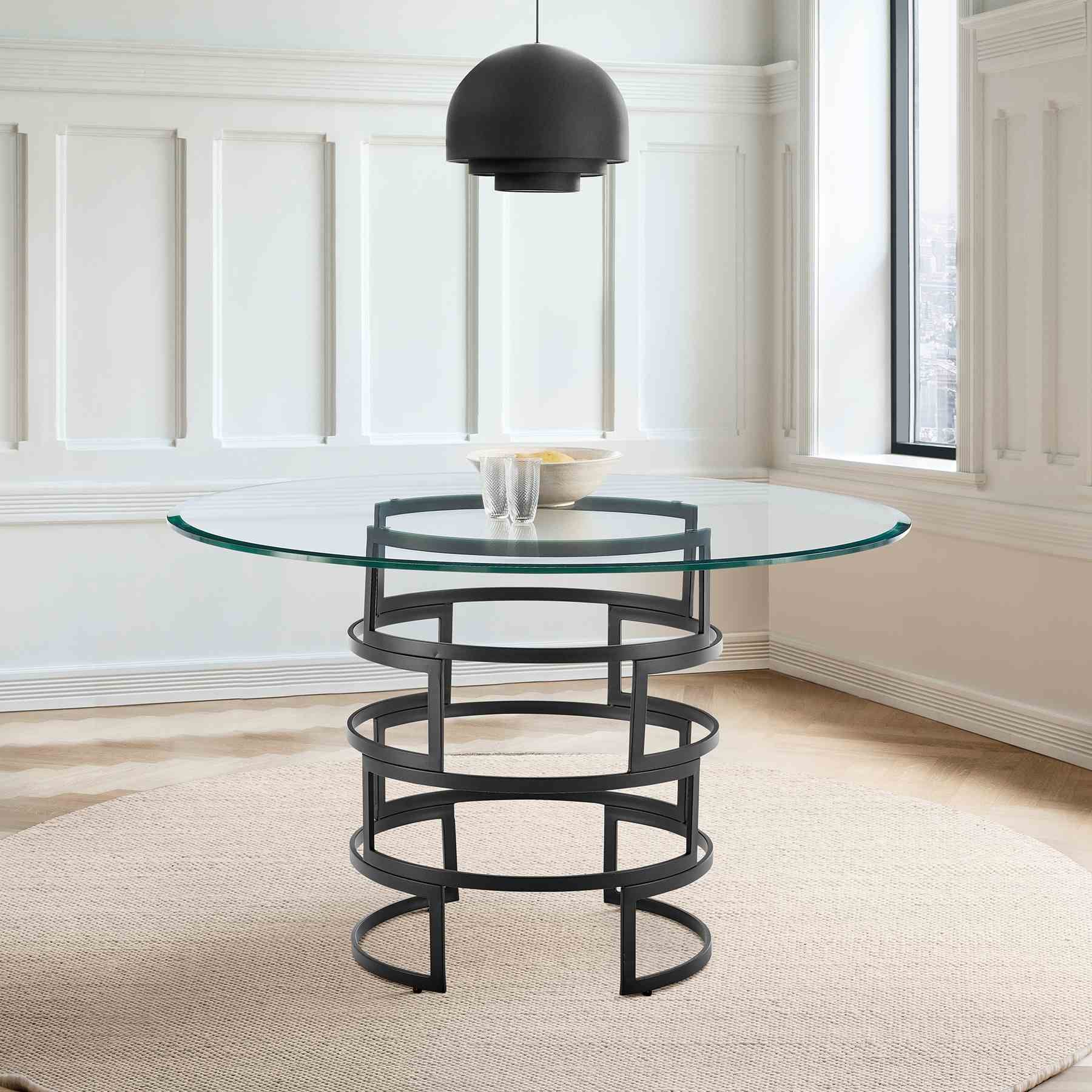 Diaz Contemporary 48" Round Dining Table with Matte Black Iron Base and Glass Tabletop - Image 8