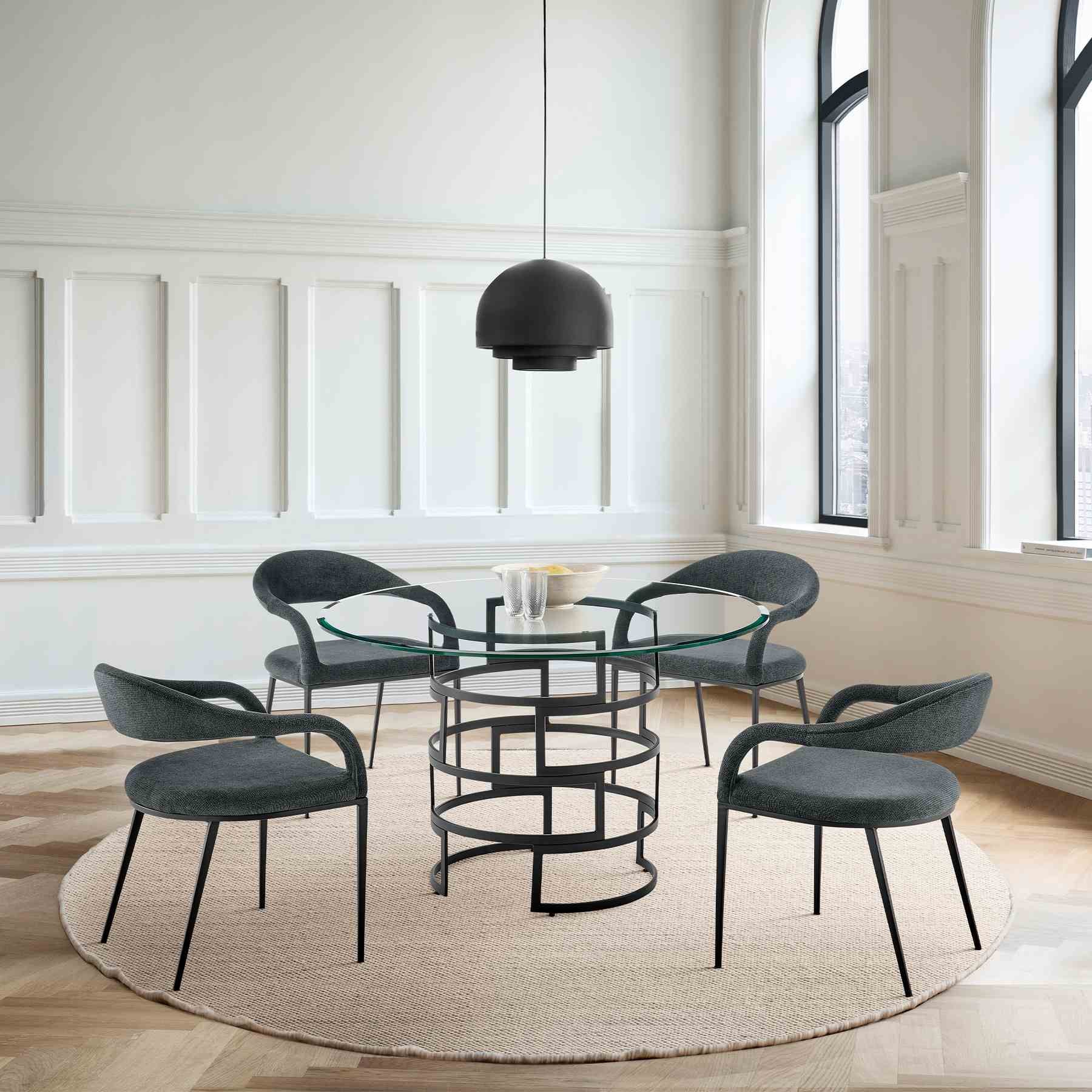Diaz Morgan 5 Piece Round Glass Dining Table Set with Matte Black Iron and Charcoal Fabric - Image 10