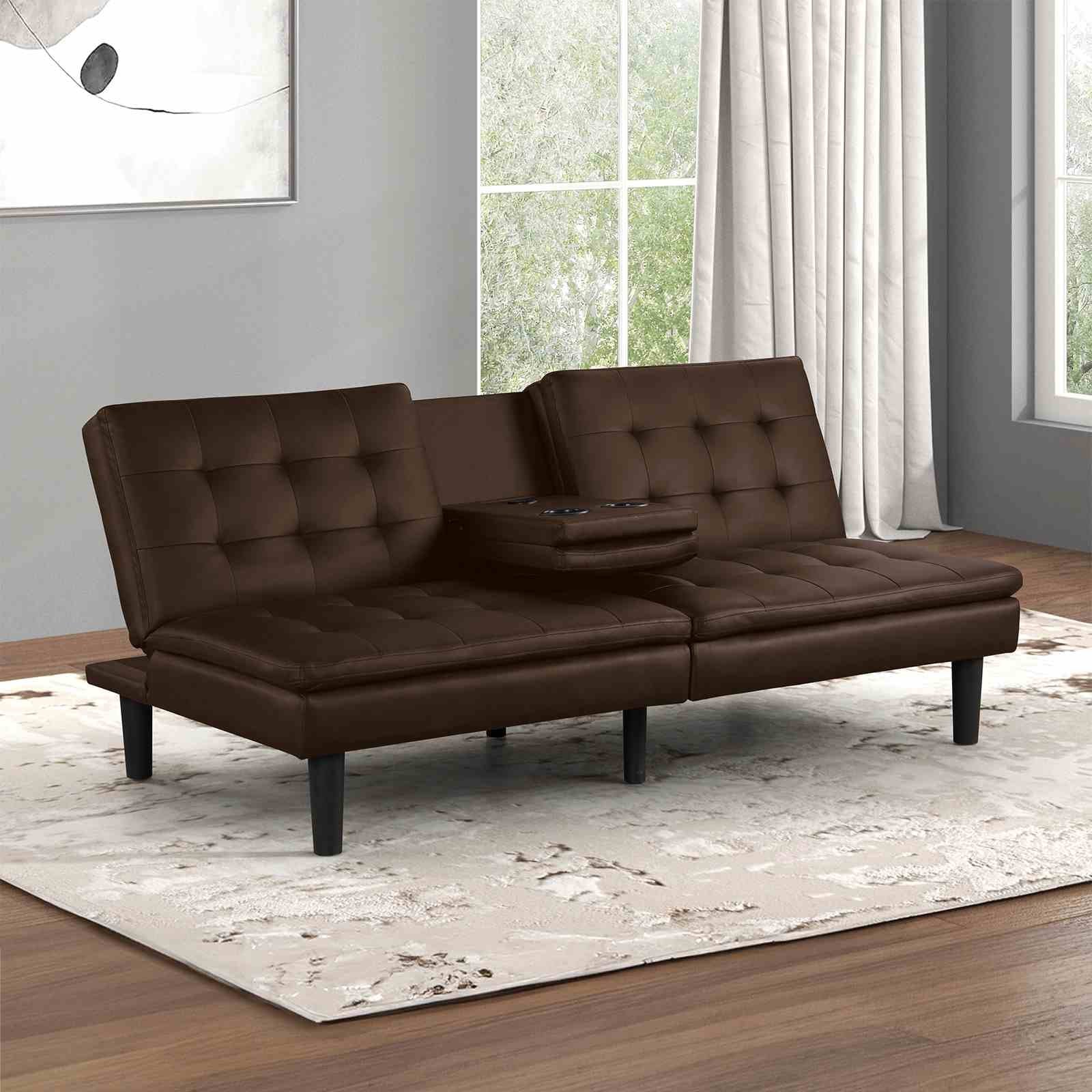 Eidsberg Futon Sofa Bed w/ Drop Down Table, Brown