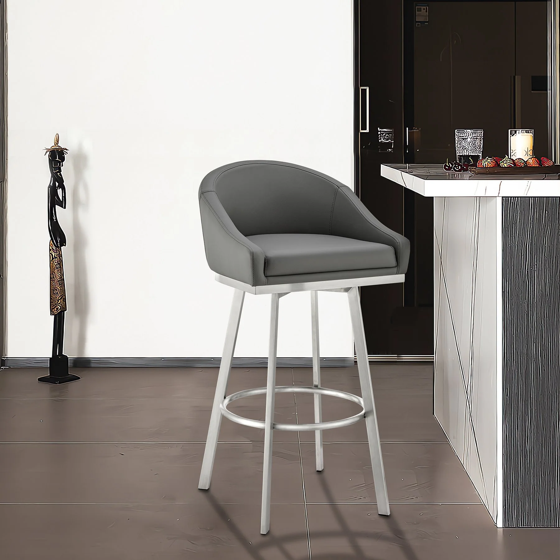 Eleanor 26" Swivel Counter Stool in Brushed Stainless Steel with Gray Faux Leather - Image 10