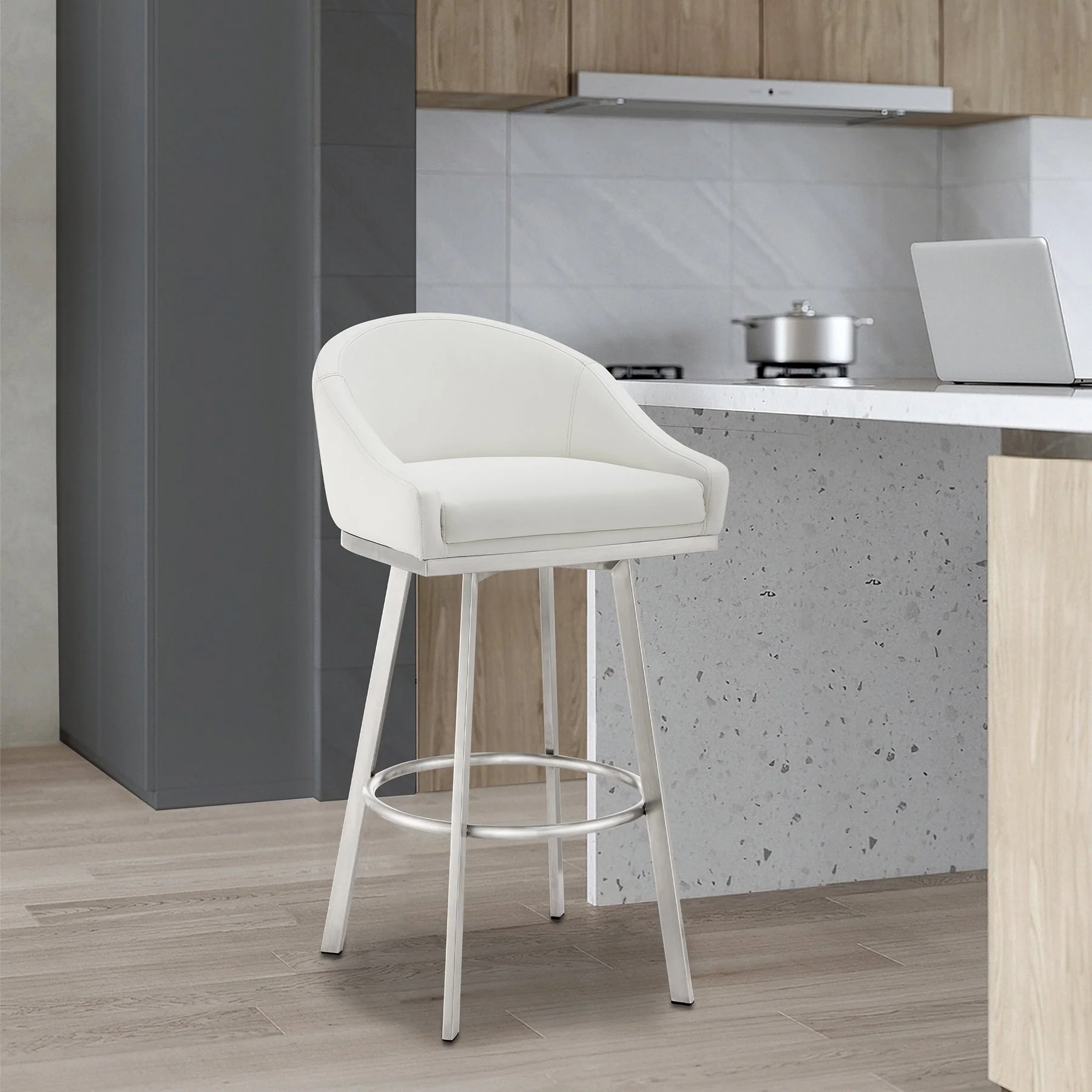 Eleanor 30" Swivel Bar Stool in Brushed Stainless Steel with White Faux Leather - Image 10