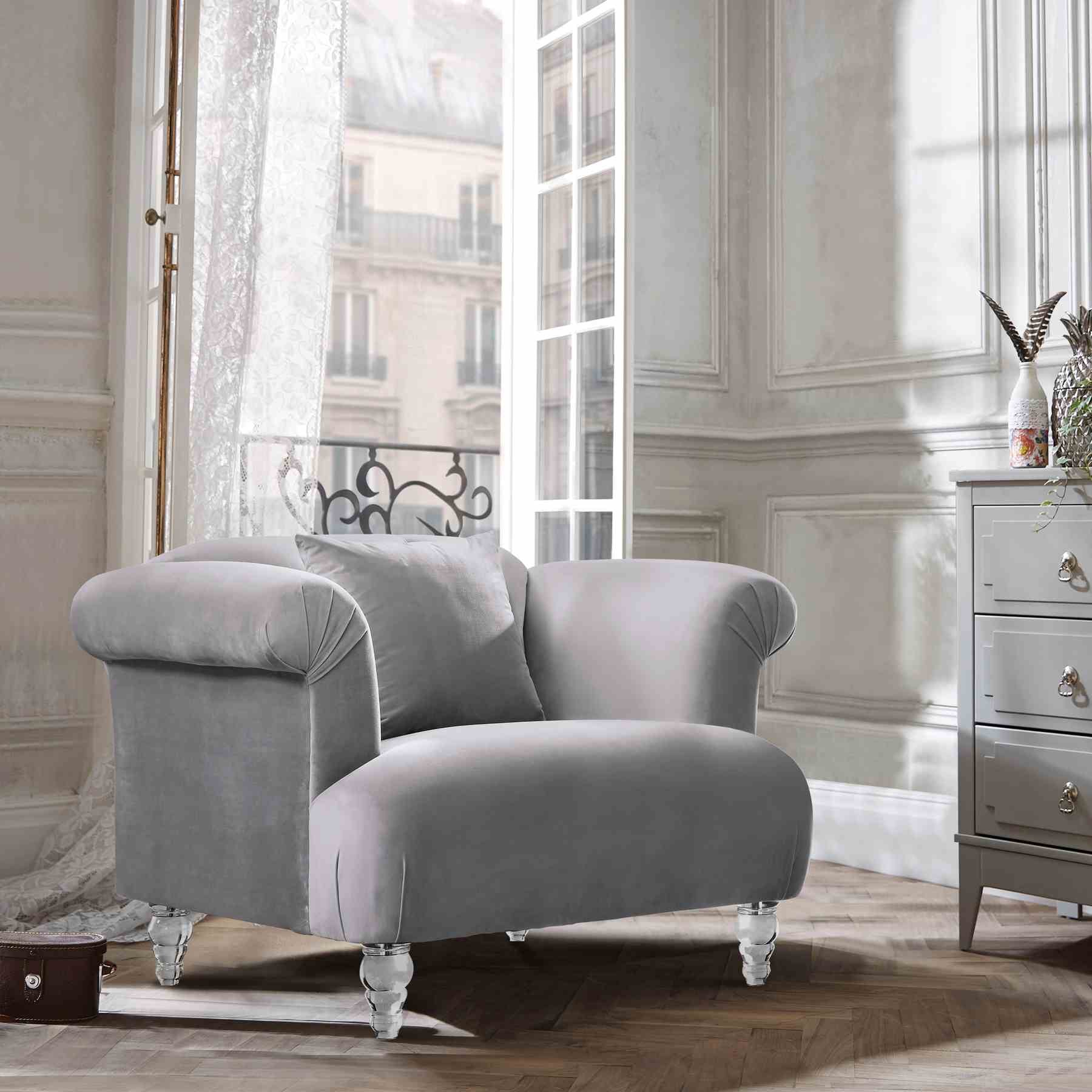 Elegance Contemporary Sofa Chair in Gray Velvet with Acrylic Legs - Image 2